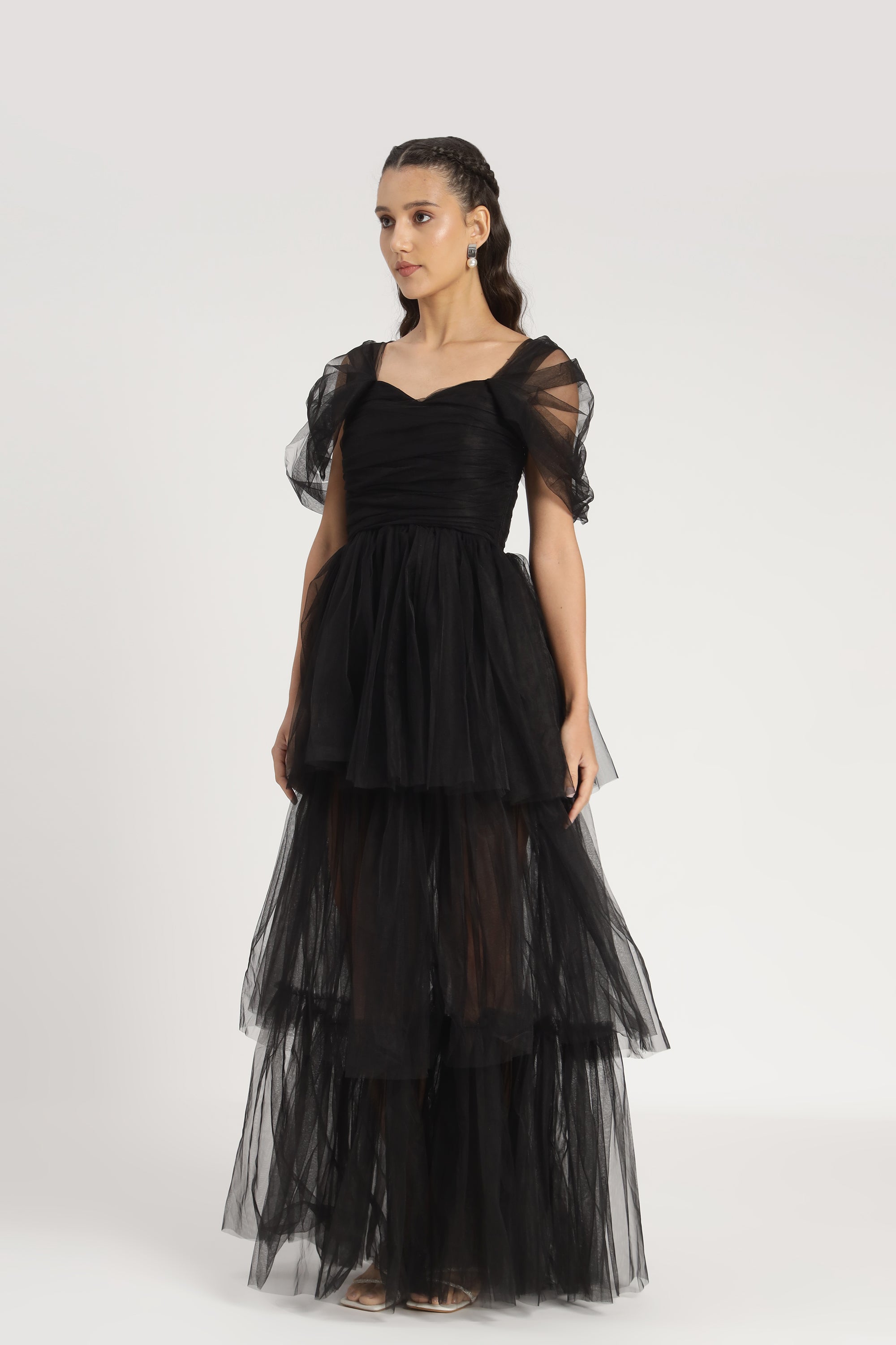 Elegant Black Off Shoulder Tulle Maxi Dress for Women - Perfect for Weddings, Parties & Special Occasions