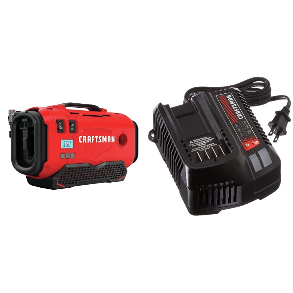 CRAFTSMAN V20 Cordless Air Inflator with Fast Charger - Portable Tire Pump for Cars, Bikes & Sports Equipment (Battery Sold Separately, Model CMCE520B & CMCB104) - Perfect for Road Trips, Camping and Emergency Tire Inflation