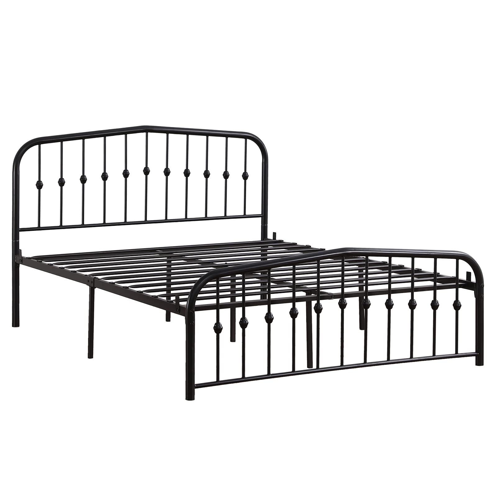 Single-Layer Curved Iron Bed Frame with Ball Decorations - Black Full-Size Headboard & Footboard with Center Raised Vertical Pipes | Perfect for Modern Bedrooms, Guest Rooms & Dorm Decor