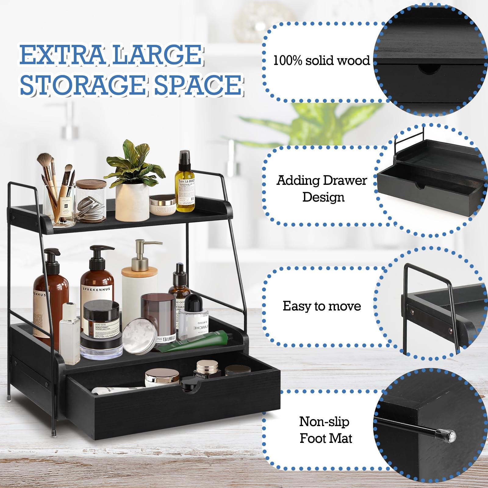 2-Tier Wooden Bathroom Countertop Organizer with Drawer - Space Saving Storage Shelf for Bathroom, Kitchen, Vanity | Perfect for Cosmetics, Toiletries & Decorative Display (Black)