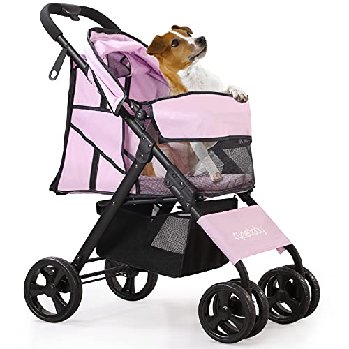 Premium 4-Wheel Foldable Pet Stroller for Small & Medium Dogs, Cats & Rabbits - Lightweight Travel Carrier with Storage Basket (Pink) | Perfect for Vet Visits, Shopping & Outdoor Adventures