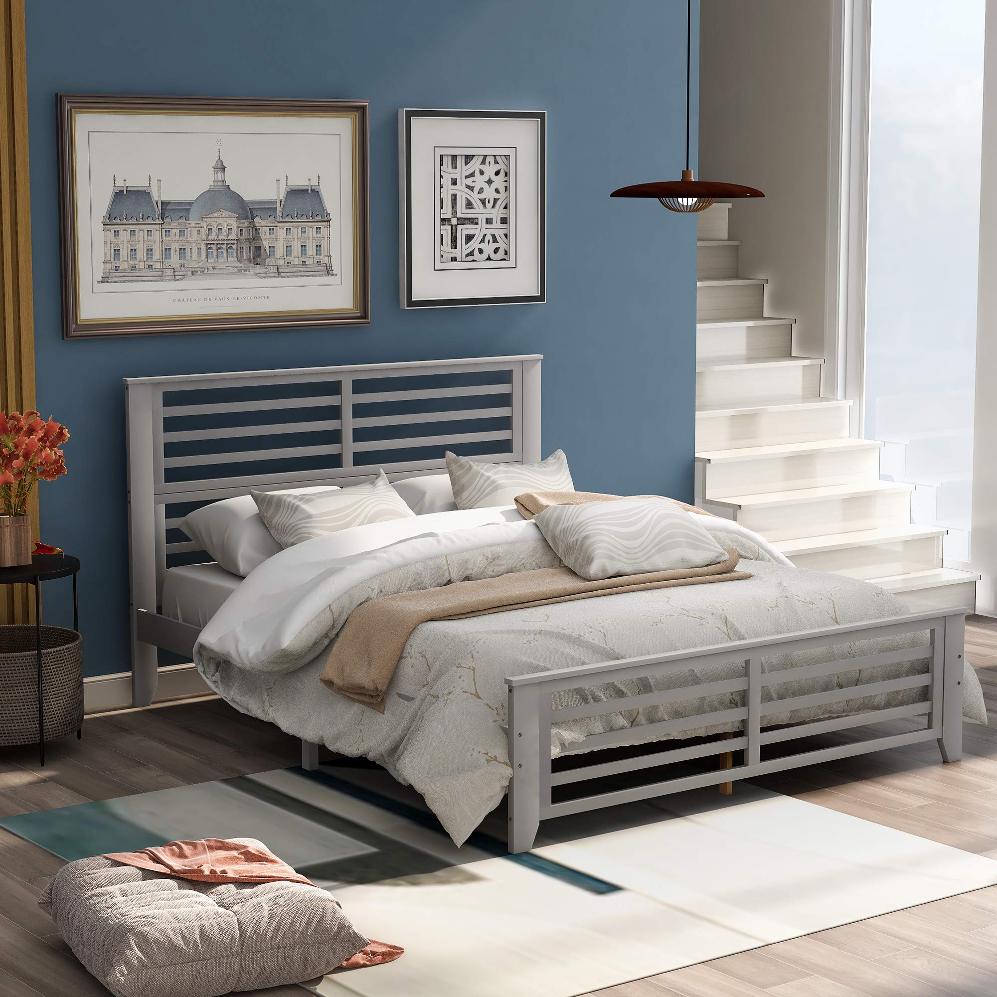 KLMM Solid Wood Platform Bed Frame with Headboard & Footboard - Queen Size, Gray - Heavy Duty Center Support & Wood Slats for Mattress - Easy Assembly for Bedroom, Guest Room, Dorm