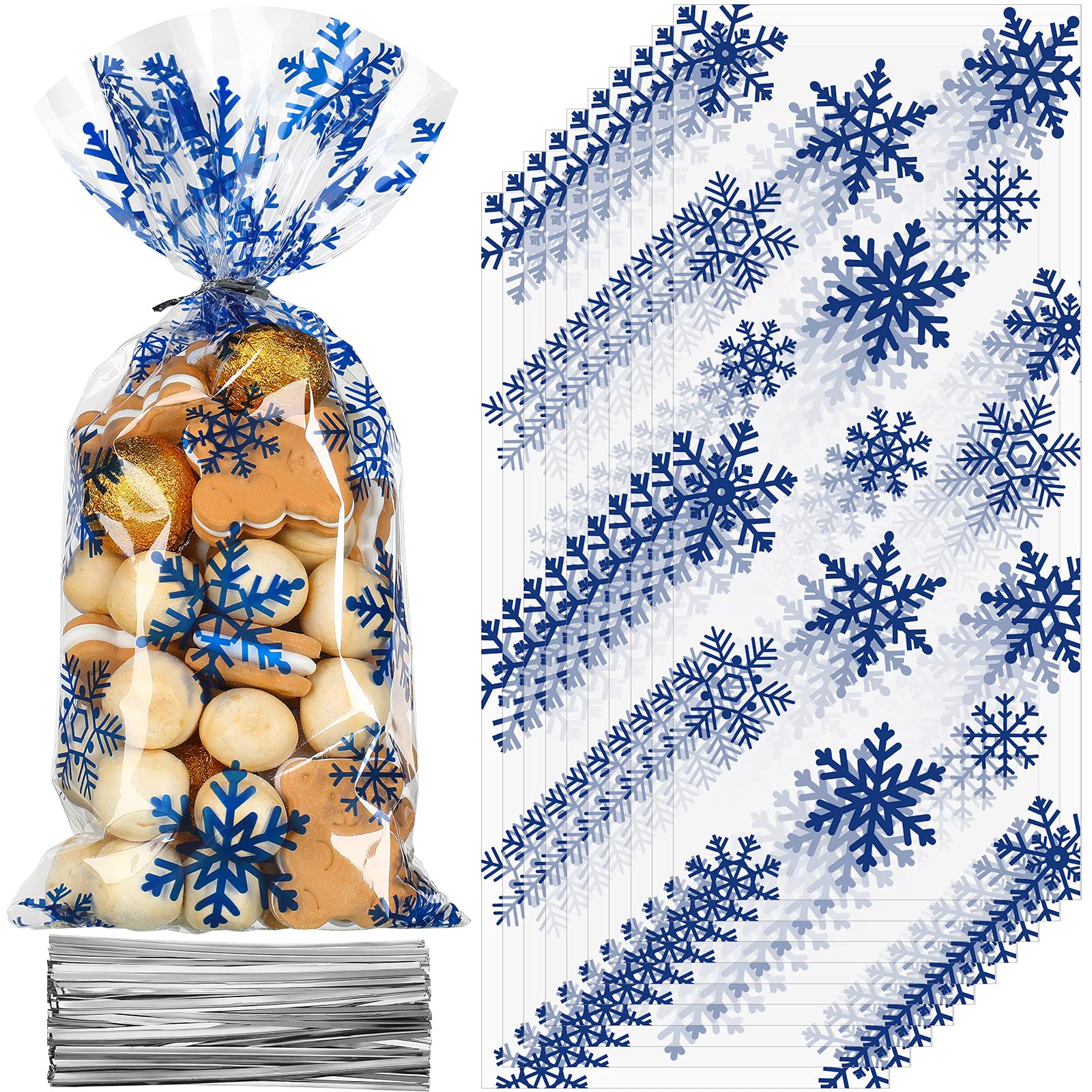 100-Piece Christmas Cellophane Treat Bags with Twist Ties - Snowflake Pattern Plastic Cello Bags for Candy, Cookies, Gifts & Holiday Party Favors - Perfect for Christmas Gift Wrapping, Cookie Exchanges & Festive Treat Packaging