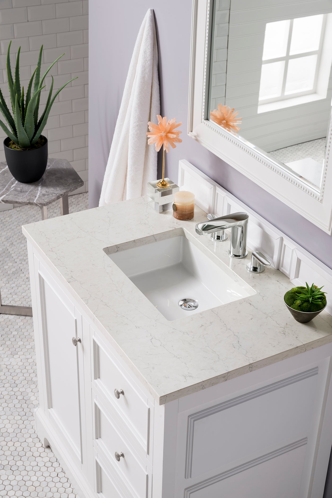 De Soto 36 Inch Single Bathroom Vanity Set - Bright White with 3CM Eternal Jasmine Pearl Quartz Countertop | Modern Sink Cabinet for Small Bathroom, Powder Room & Guest Bath