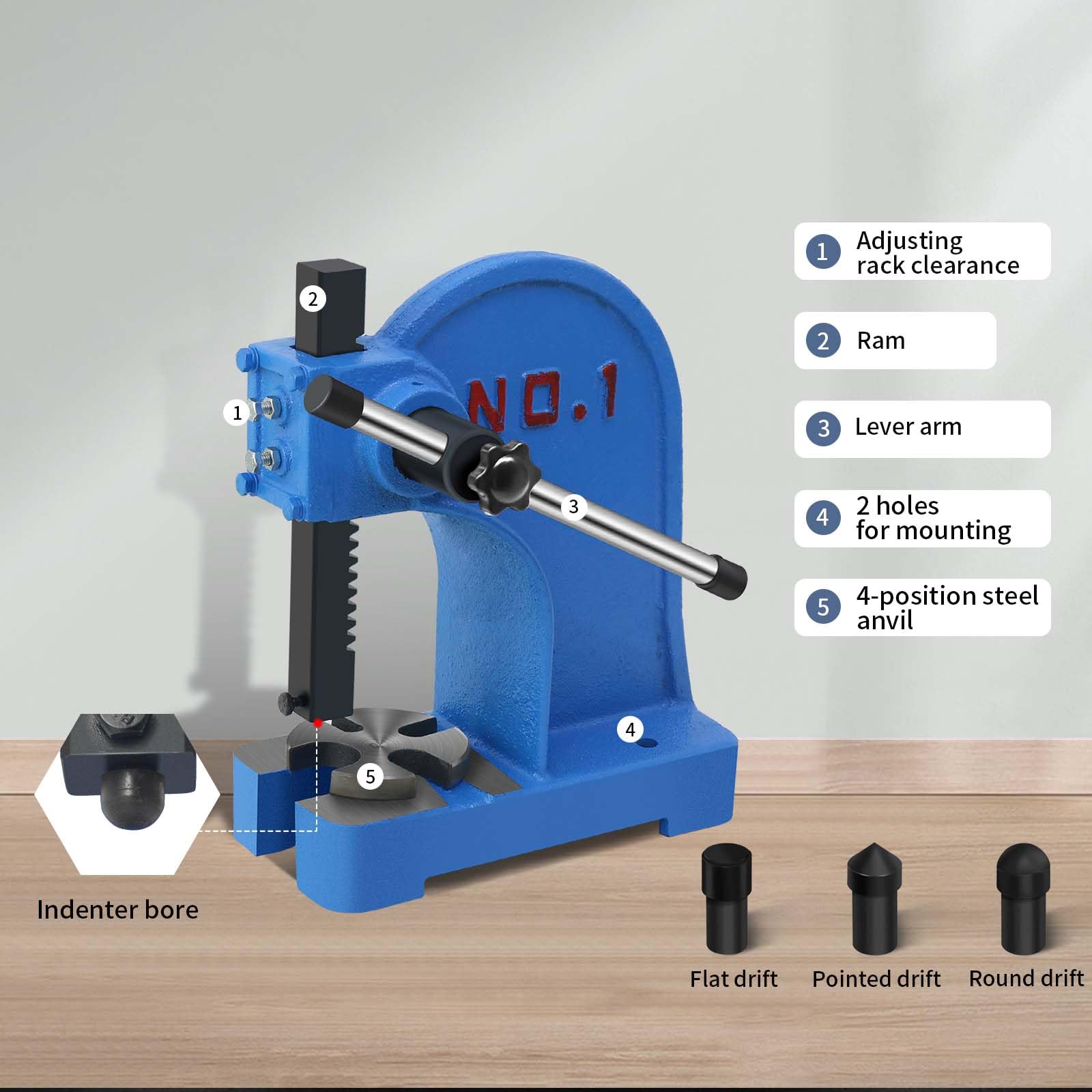 1 Ton Manual Arbor Press - Cast Iron Desktop Punch Press Machine with 5.5