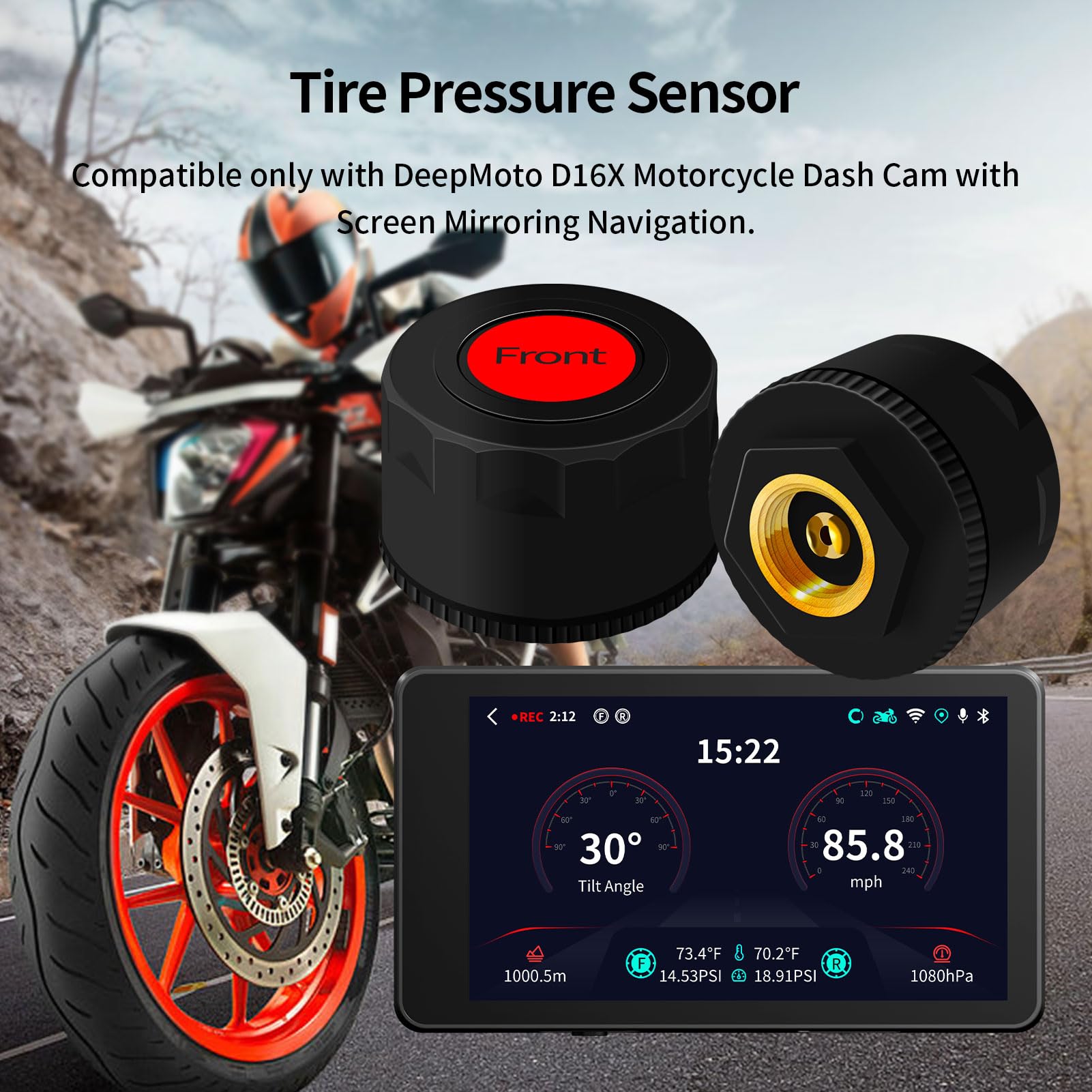 DeepMoto D16X Motorcycle Wireless Tire Pressure Sensor - Bluetooth TPMS with Real-Time Tire Temperature & Pressure Monitoring - Compatible with D16X Motorcycle Dash Cam - Perfect for Long Rides & Off-Road Adventures