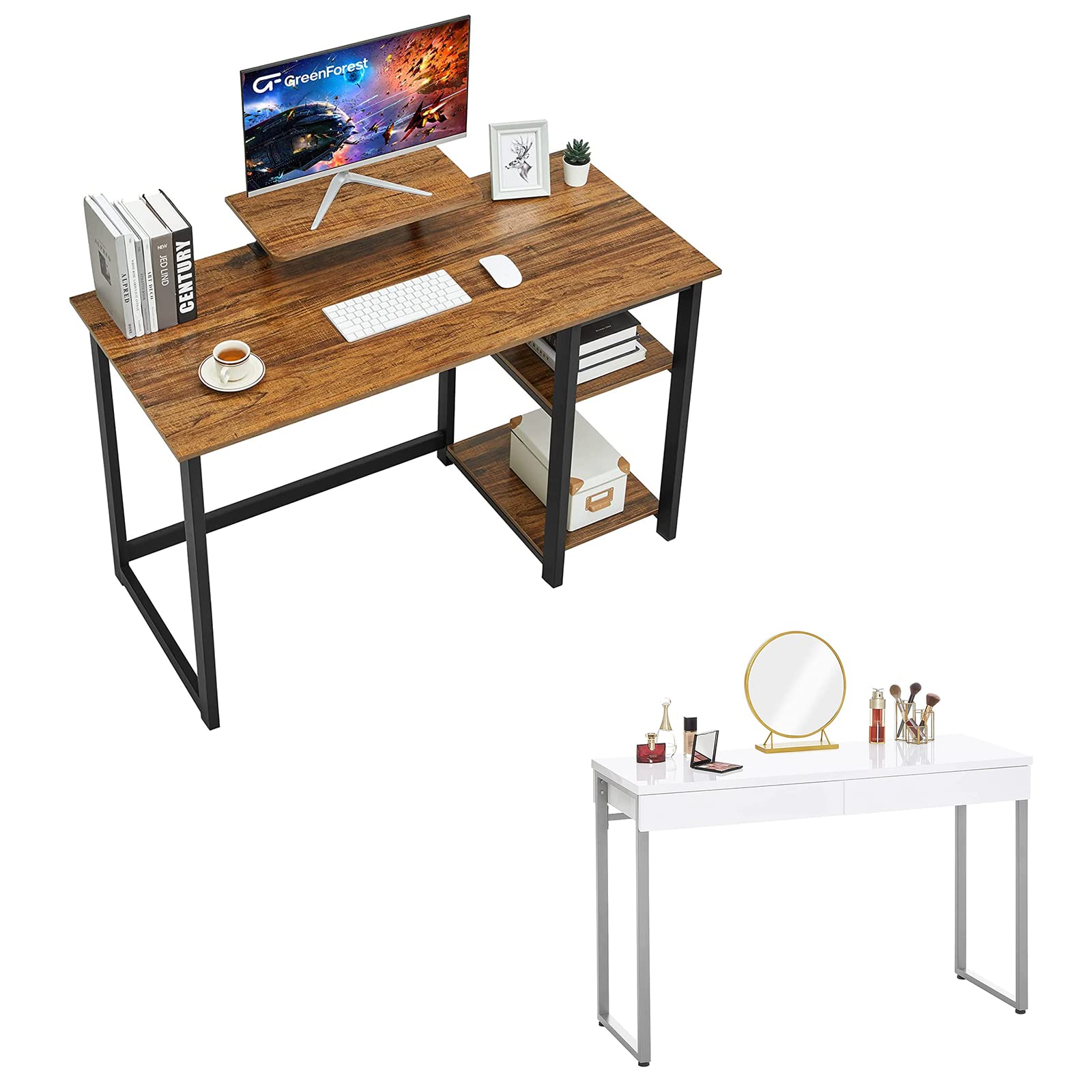 GreenForest 47 inch White Glossy Computer Desk with Shelves & 2 Drawers - Multifunctional Workstation for Home Office, Gaming Setup, Makeup Vanity | Perfect for Living Room, Bedroom, Study & Small Spaces