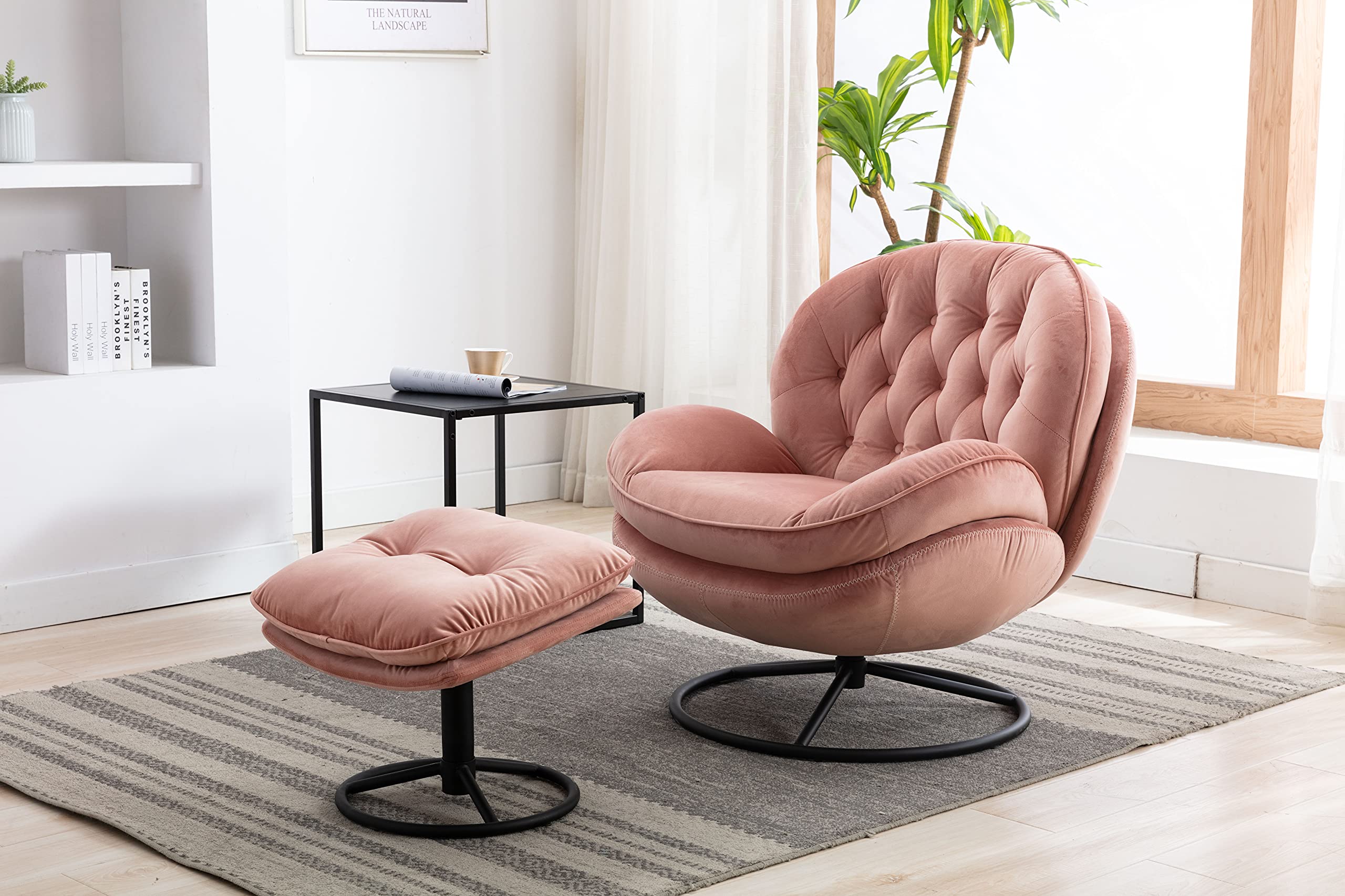 360° Swivel Accent Chair with Ottoman Set - Pink Modern Lounge Chair for Bedroom, Living Room & Office - 33.5