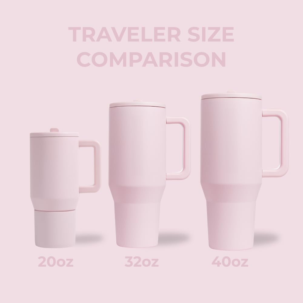 HydroJug Traveler - 40 oz Insulated Stainless Steel Water Bottle with Handle & Flip Straw - Leak Proof Tumbler with Rubber Base - Fits in Cup Holder - Perfect Gift for Women & Men (Pink Sand) - Ideal for Gym, Hiking, Office & Travel Hydration