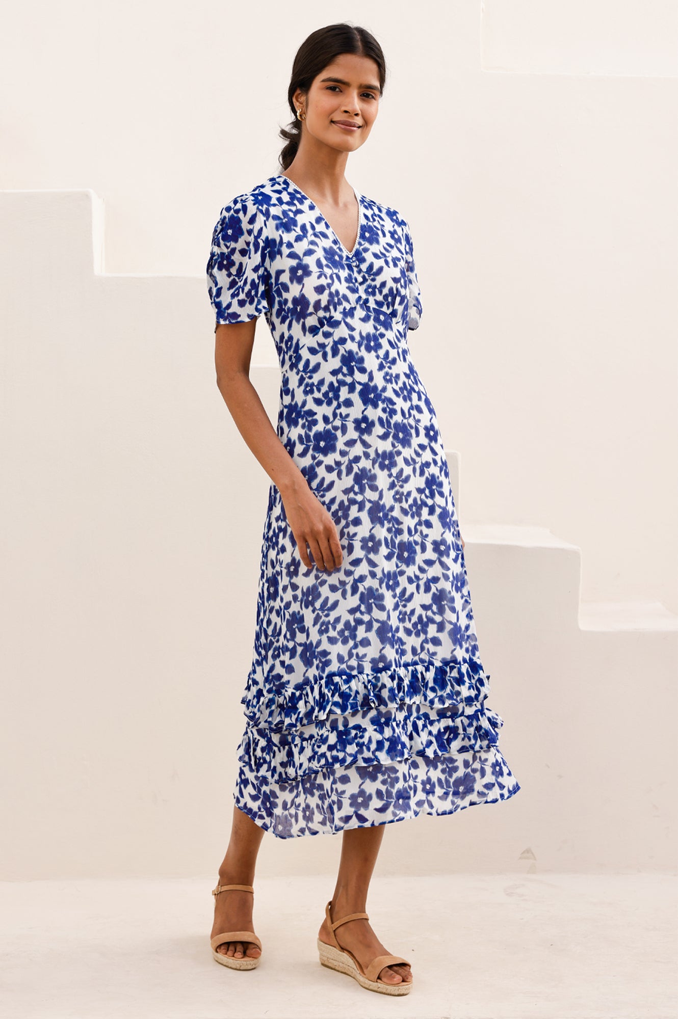 Ellery Floral Print Dress for Women - Blossom Cream & Navy Blue - Perfect for Spring Weddings, Garden Parties & Summer Outings