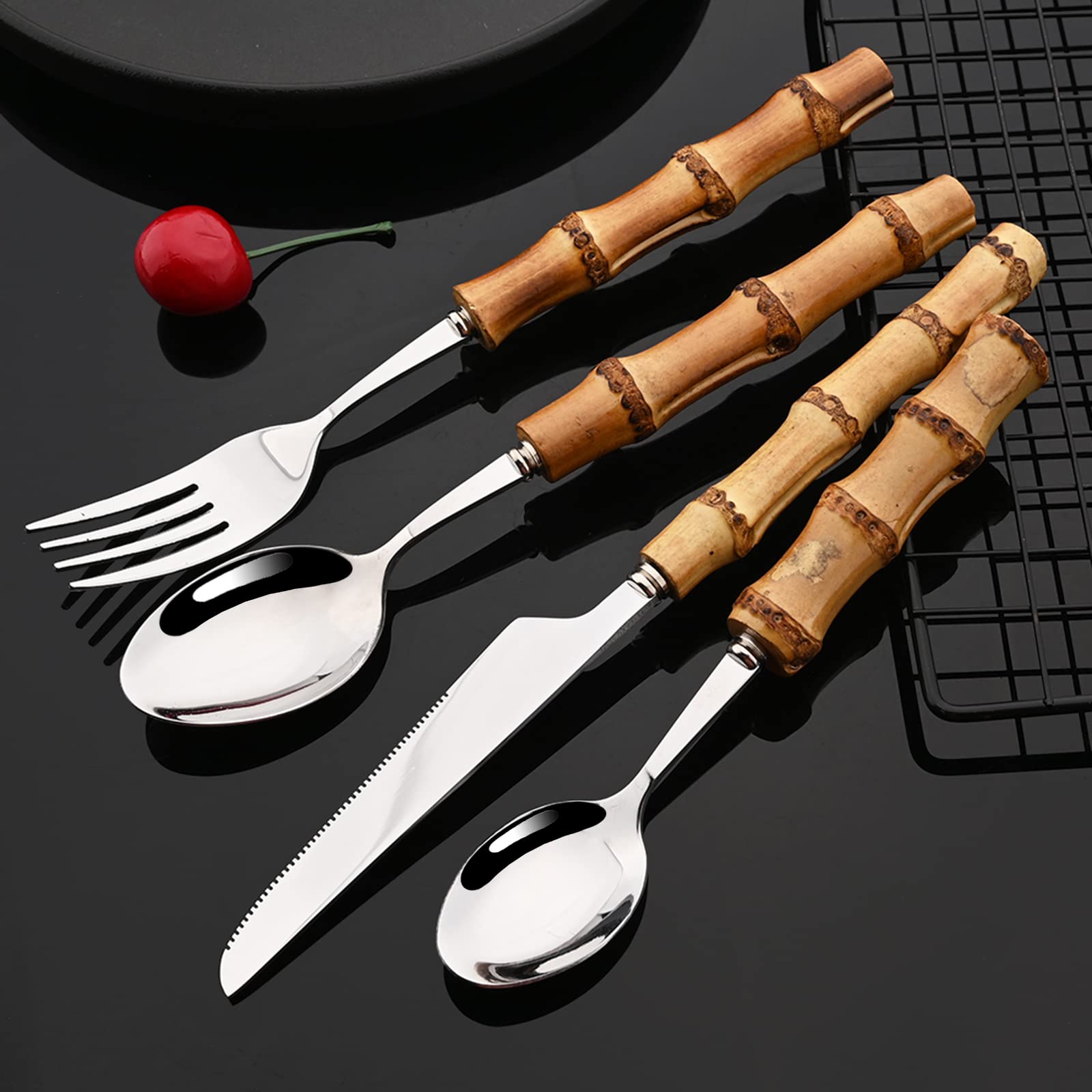 JASHII 16-Piece Natural Bamboo Flatware Set - Stainless Steel Silverware Cutlery with Bamboo Handle for 4 People, Mirror Polished Kitchen Utensils (Shiny Silver) - Perfect for Dinner Parties, Restaurants & Eco-Friendly Home Dining