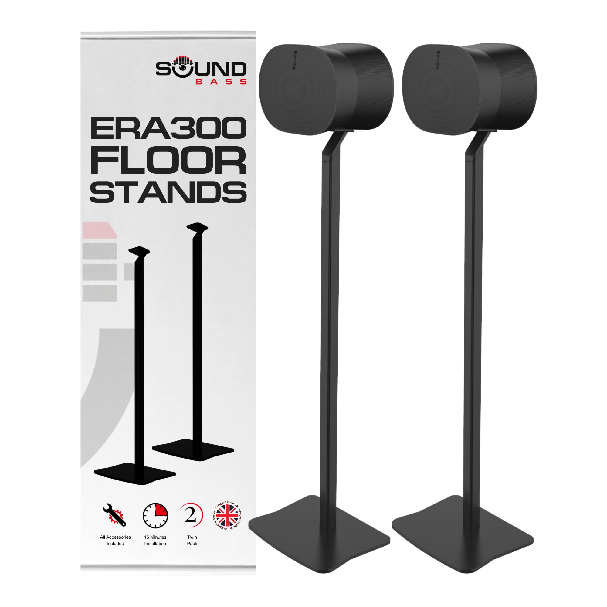 Premium Metal Sonos ERA 300 Floor Stand - Twin Pack (2pcs) Black - Cable Management & Accessories Included - UK Design - Perfect for Living Room & Home Theater Speaker Setup