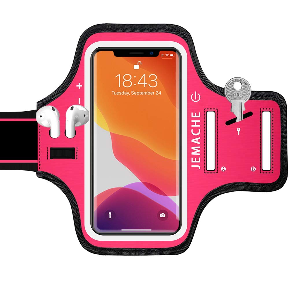 JEMACHE iPhone 16/15 Pro Max & Plus Armband with Earphone Holder - Adjustable Running Workout Arm Band for iPhone 16 15 14 13 12 11 Pro Max/Plus (Rosy Pink) - Perfect for Gym, Jogging & Outdoor Activities