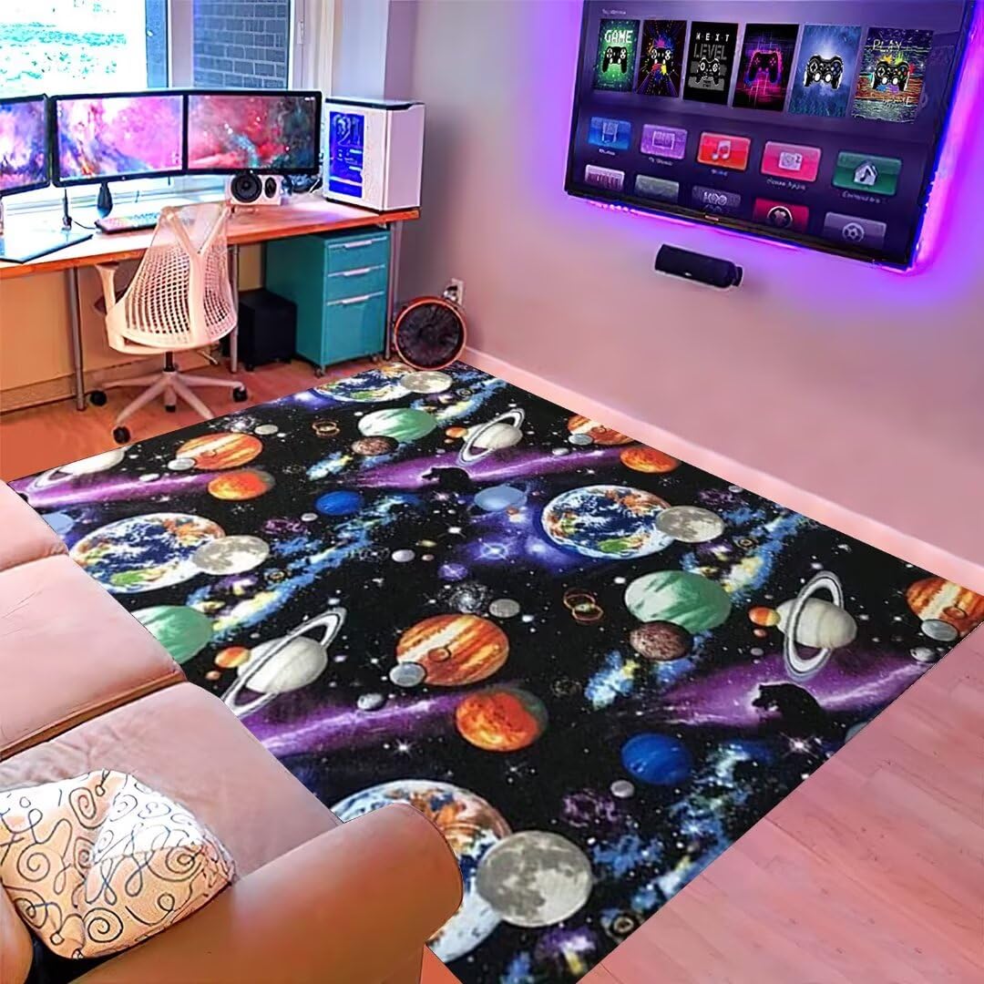 Solar System Cartoon Planets Print Washable Flannel Area Rug - Outer Space Themed Kitchen & Kids Bedroom Rug, 3'×5' - Perfect for Playrooms, Bedside & Home Decor