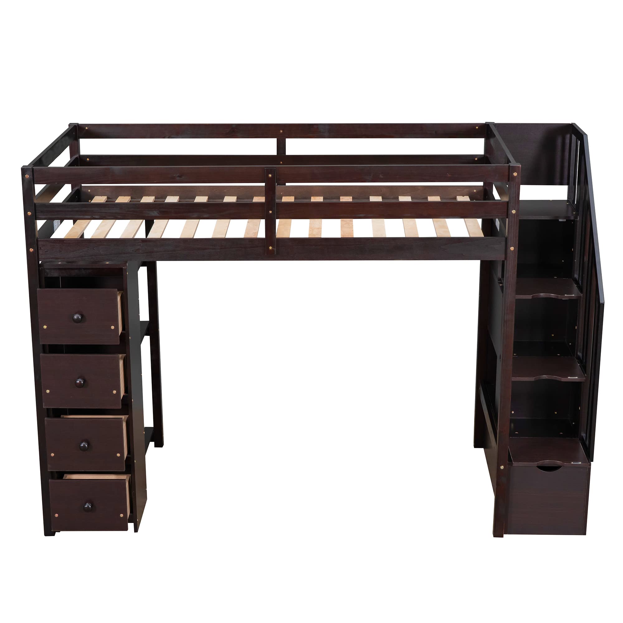 Merax Twin-Size Wooden Loft Bed with Storage Drawers, Stairs & Shelves - Space-Saving Kids & Teens Bedroom Furniture for Small Rooms - Espresso Finish