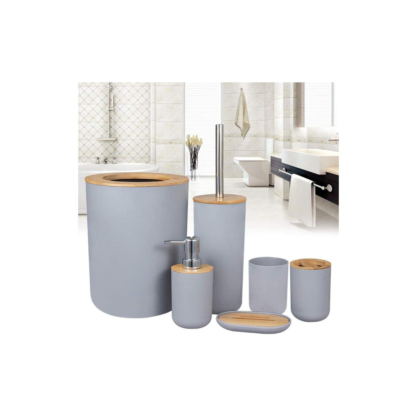 Premium Bamboo Wooden Bathroom Accessories Set - 6-Piece Gift Set with Toilet Brush, Soap Dispenser, Waste Bin, Toothbrush Holder & Soap Dish | Eco-Friendly Bathroom Organization for Home, Hotel, Spa & Guest Rooms
