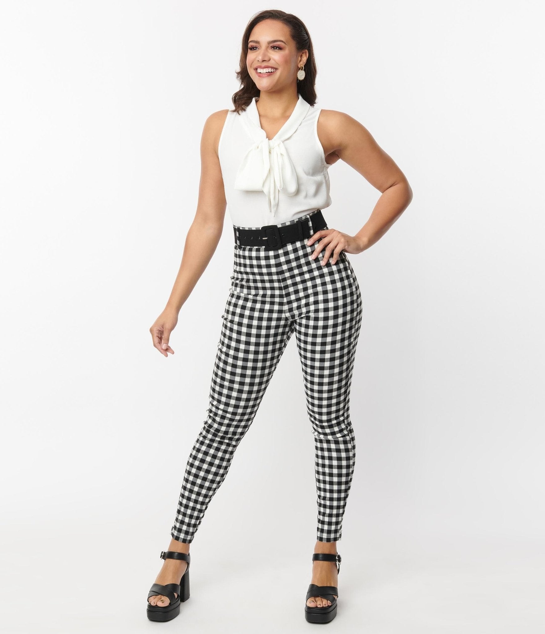 Vintage Black & White Gingham High Waisted Belted Pants for Women - Retro 50s Style Rizzo Pants - Perfect for Halloween Costumes, Themed Parties & Pin-Up Fashion