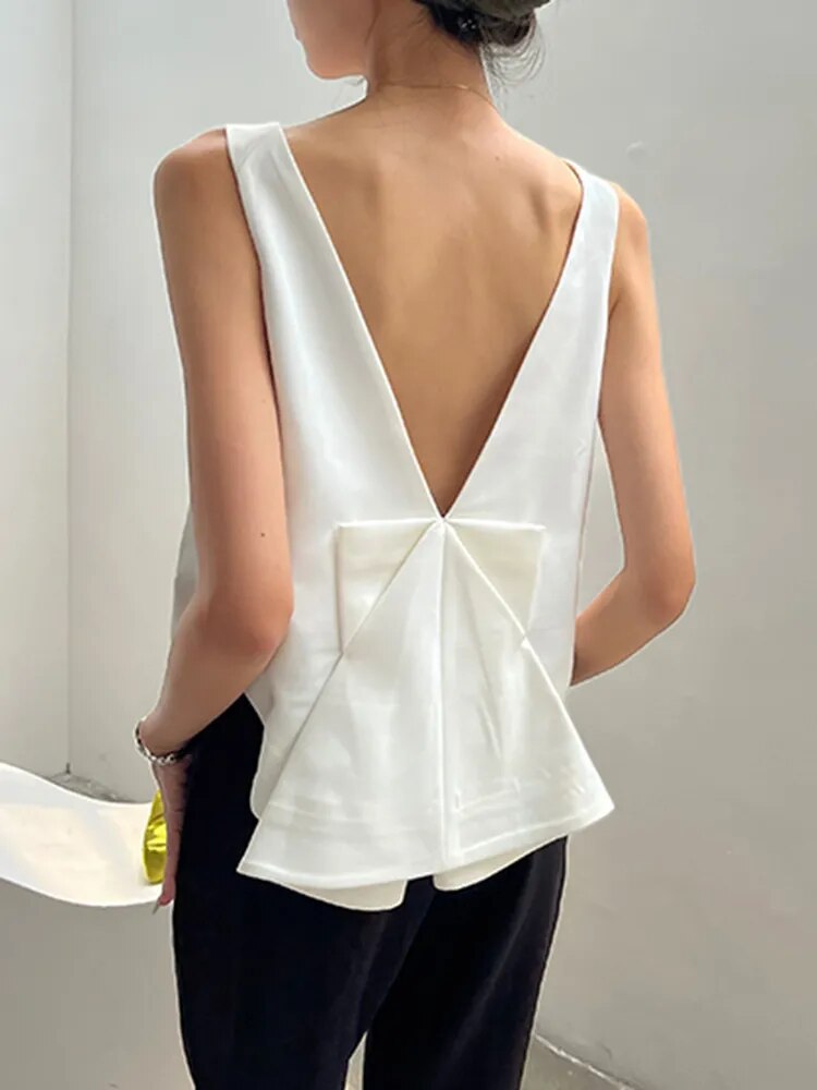 Women's Backless Bowknot Tank Tops - Round Neck Sleeveless Solid Minimalist Summer Vest | Casual Wear, Beach Outfits, Party Clothes & Everyday Fashion