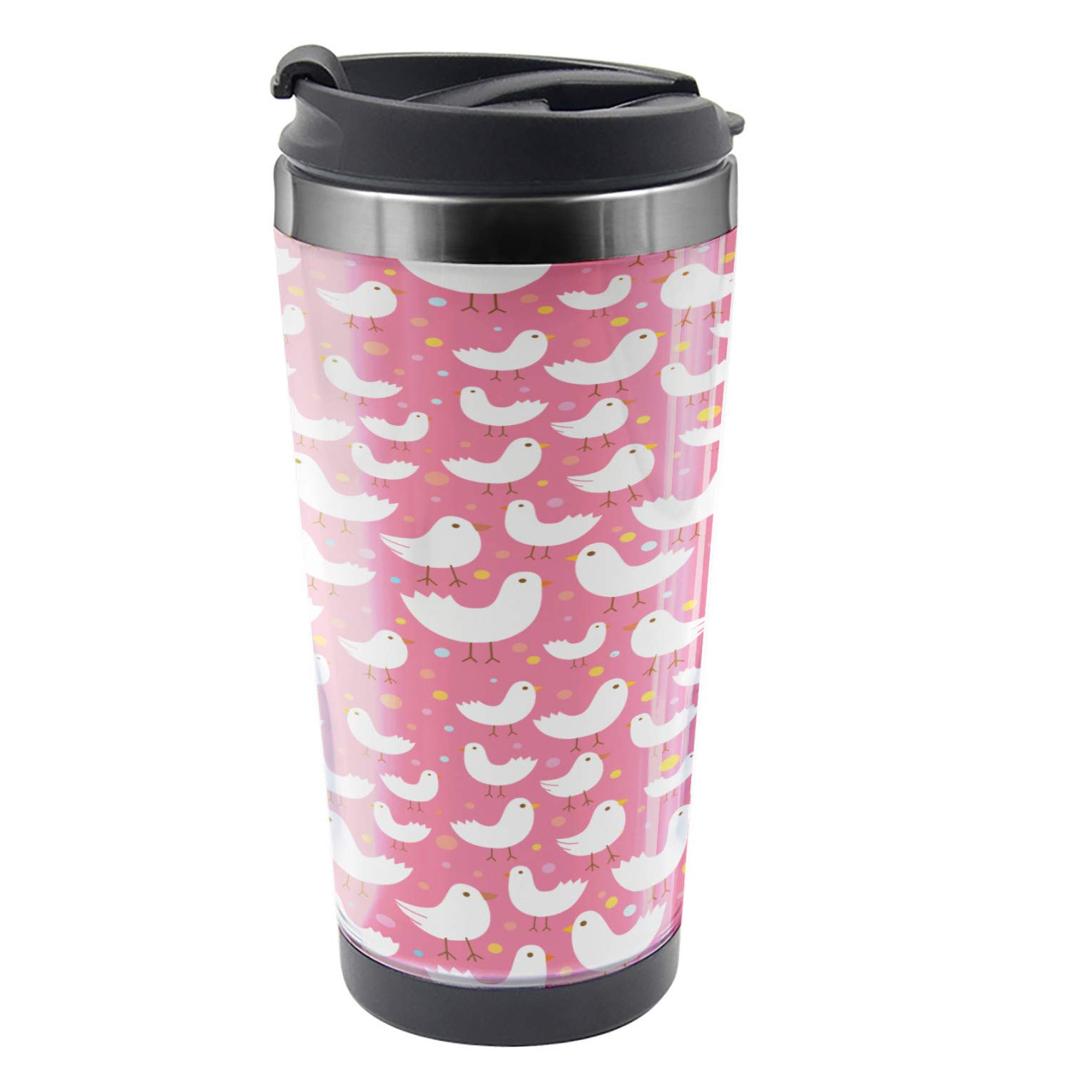 Ambesonne 16 oz Stainless Steel Travel Mug with Insulated Design - Cute Cotton Candy Chicken & Birds Print, Multicolor - Perfect for Coffee, Tea, Hot Drinks On The Go, Office, Commute & Outdoor Activities