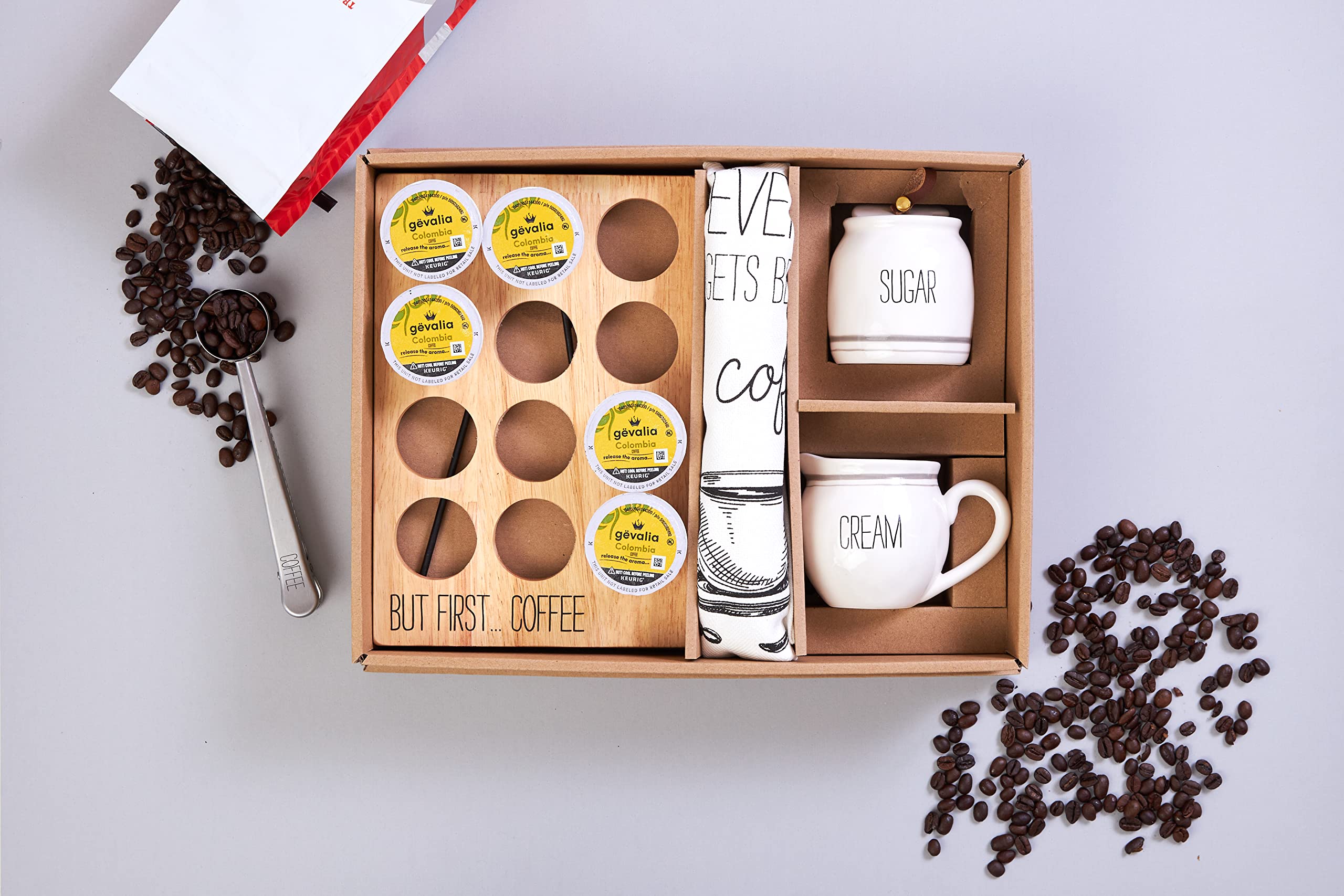 Premium Mud Pie Coffee Gift Box Set - Includes Coffee Pod Holder, Cream & Sugar Set, Coffee Scoop & Hand Towel | Perfect for Home, Office & Coffee Lovers Gifts