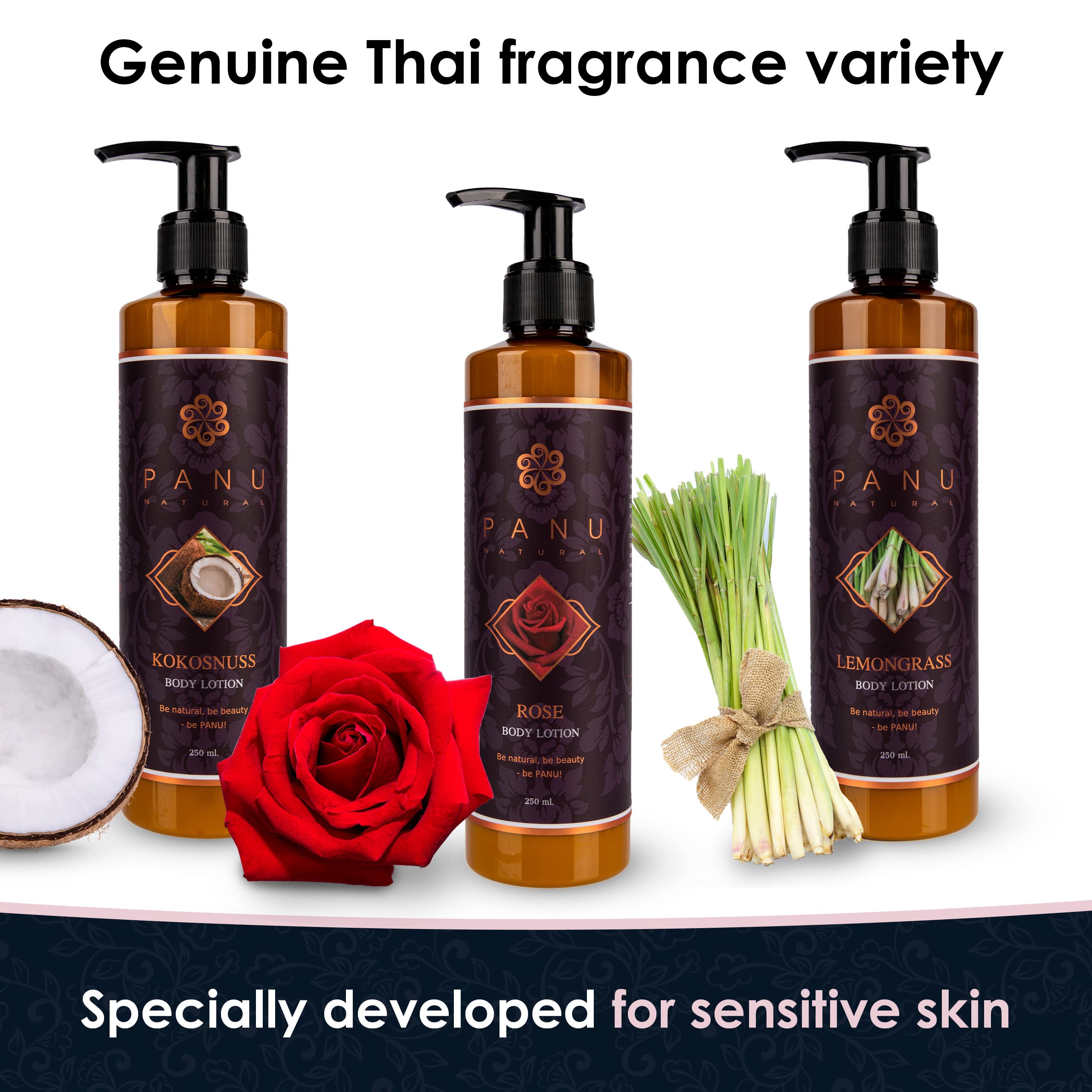 Panu Natural Rose Body Lotion for Very Dry Skin - Deep Moisturizing Vegan Body Cream from Thailand - Perfect for Daily Hydration & Sensitive Skin Care