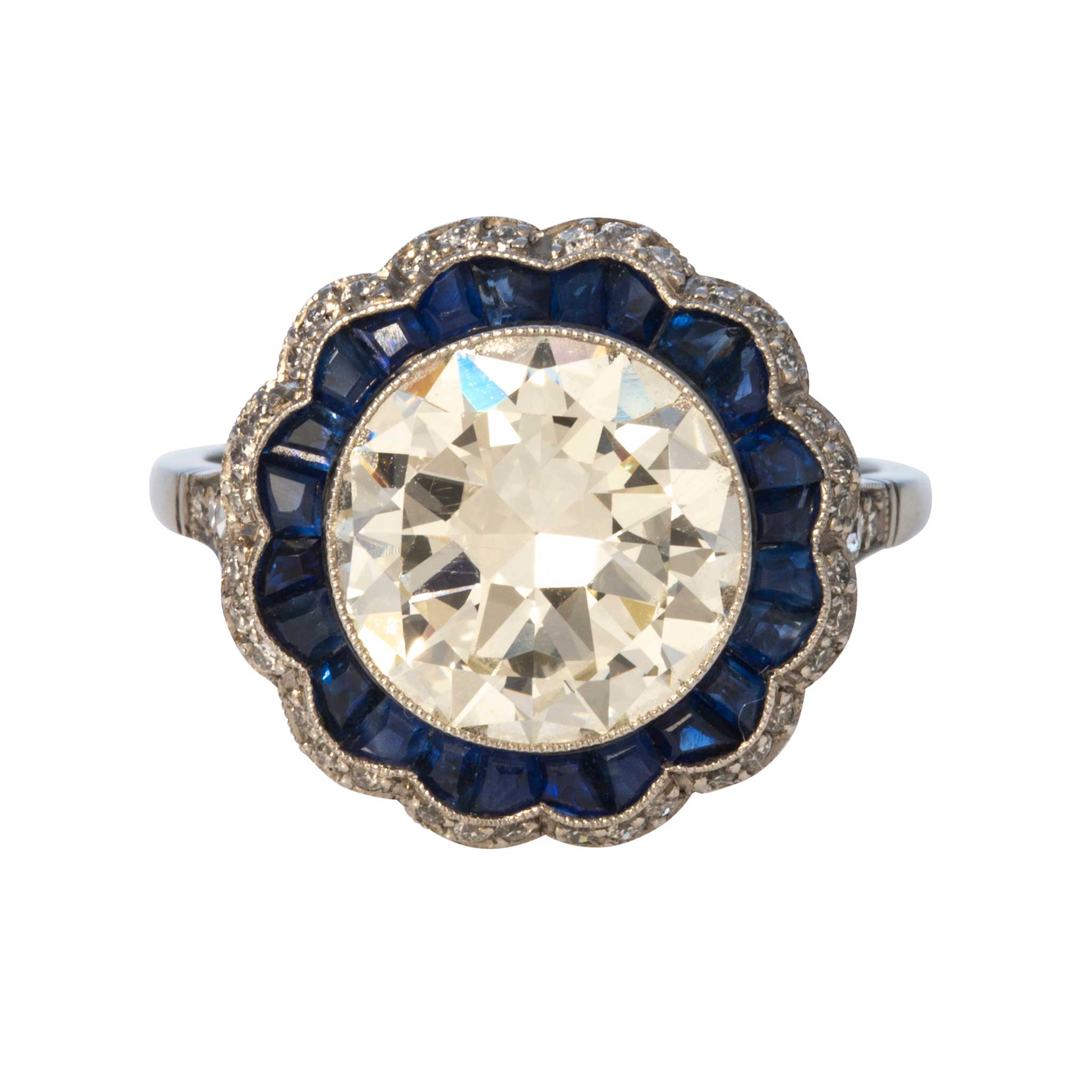 3.63ct Art Deco Round Diamond & Sapphire Halo Platinum Engagement Ring - Perfect for Wedding, Anniversary & Special Occasions