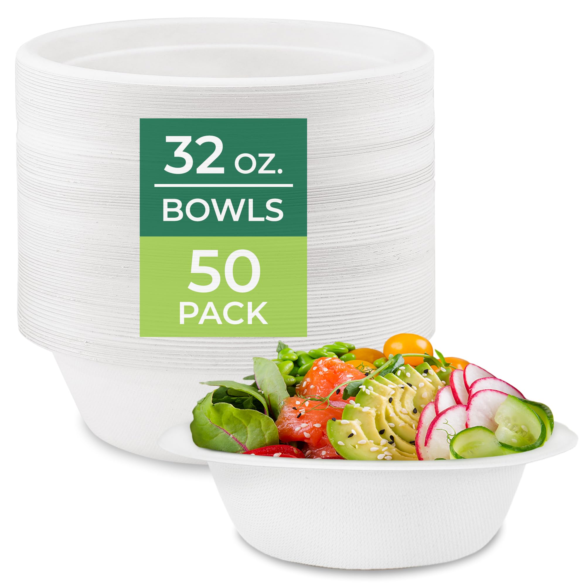 Freshware 32 oz Disposable Paper Bowls - 50-Pack Biodegradable Sugarcane Fiber Soup Bowls for Hot Food | Heavy Duty Bagasse Microwave & Freezer Safe Dinnerware | Perfect for Parties, Picnics, Takeout & Restaurant Use
