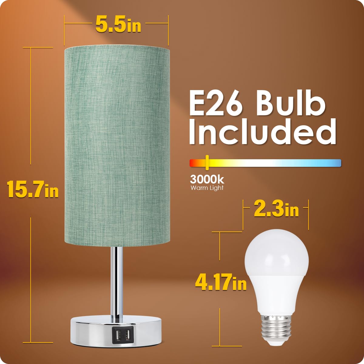 Yarra-Decor Modern Bedside Lamp with USB Charging Port - 3-Way Dimmable Touch Control Nightstand Lamp with Round Denim Fabric Shade, LED Bulb Included for Bedroom, Living Room, Dorm & Home Office - Perfect for Reading, Working & Creating Cozy Ambiance