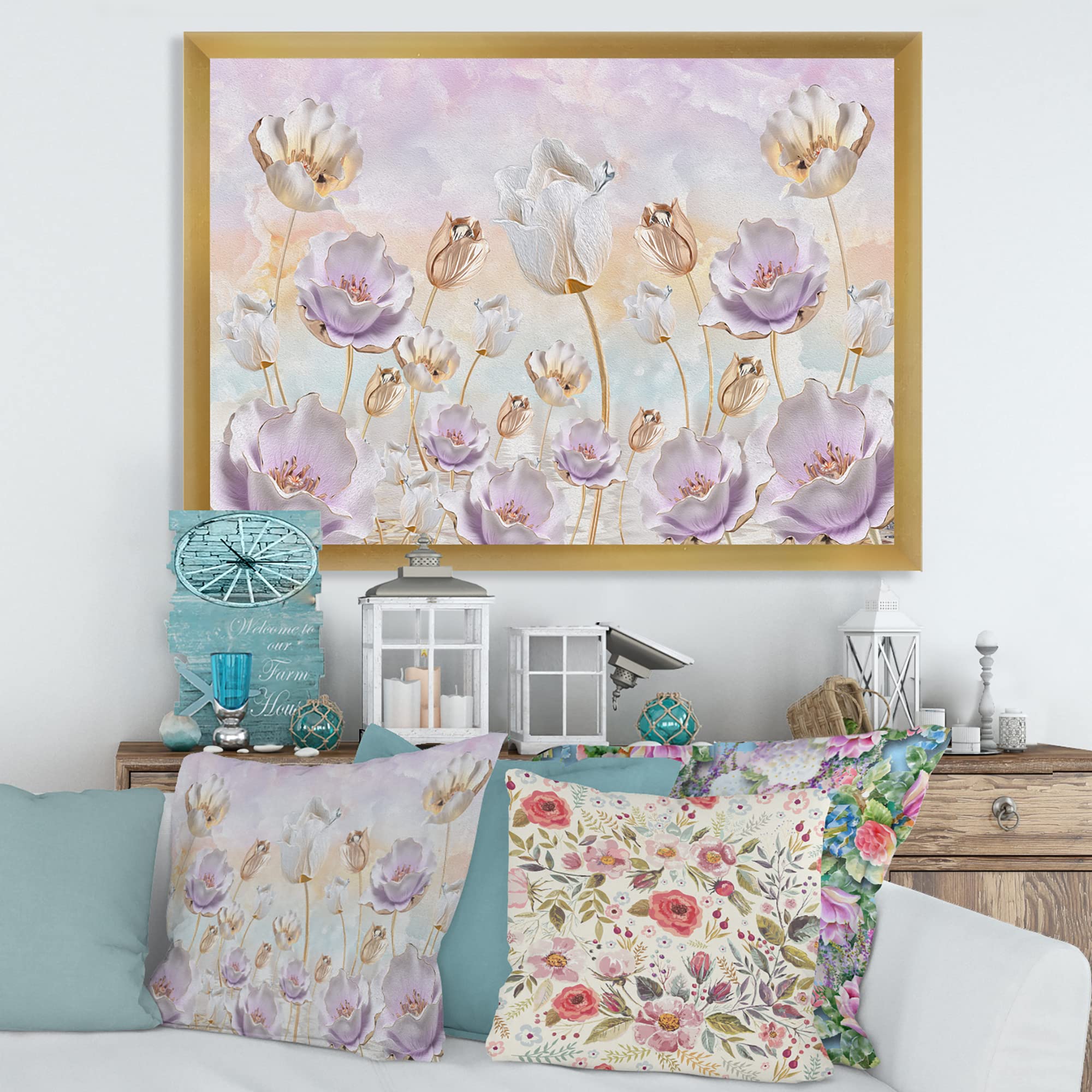 Pastel Tone Blossoming Flowers Traditional Framed Wall Art - Perfect for Living Room, Bedroom & Office Decor