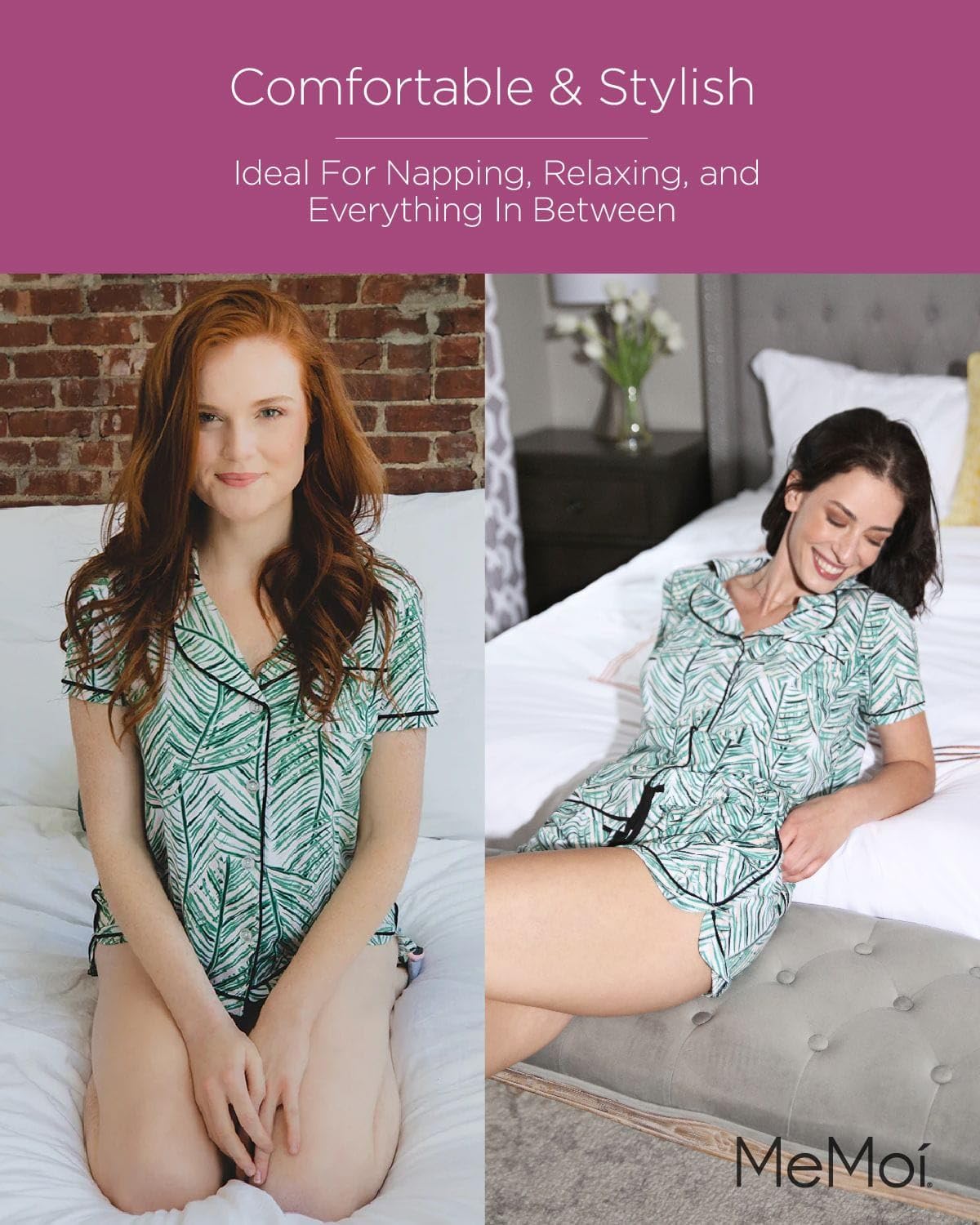 MeMoi Women's Cotton Blend Pajama Set with Palm Print & Notch Collar - Soft Sleepwear for Lounge, Vacation & Home Comfort