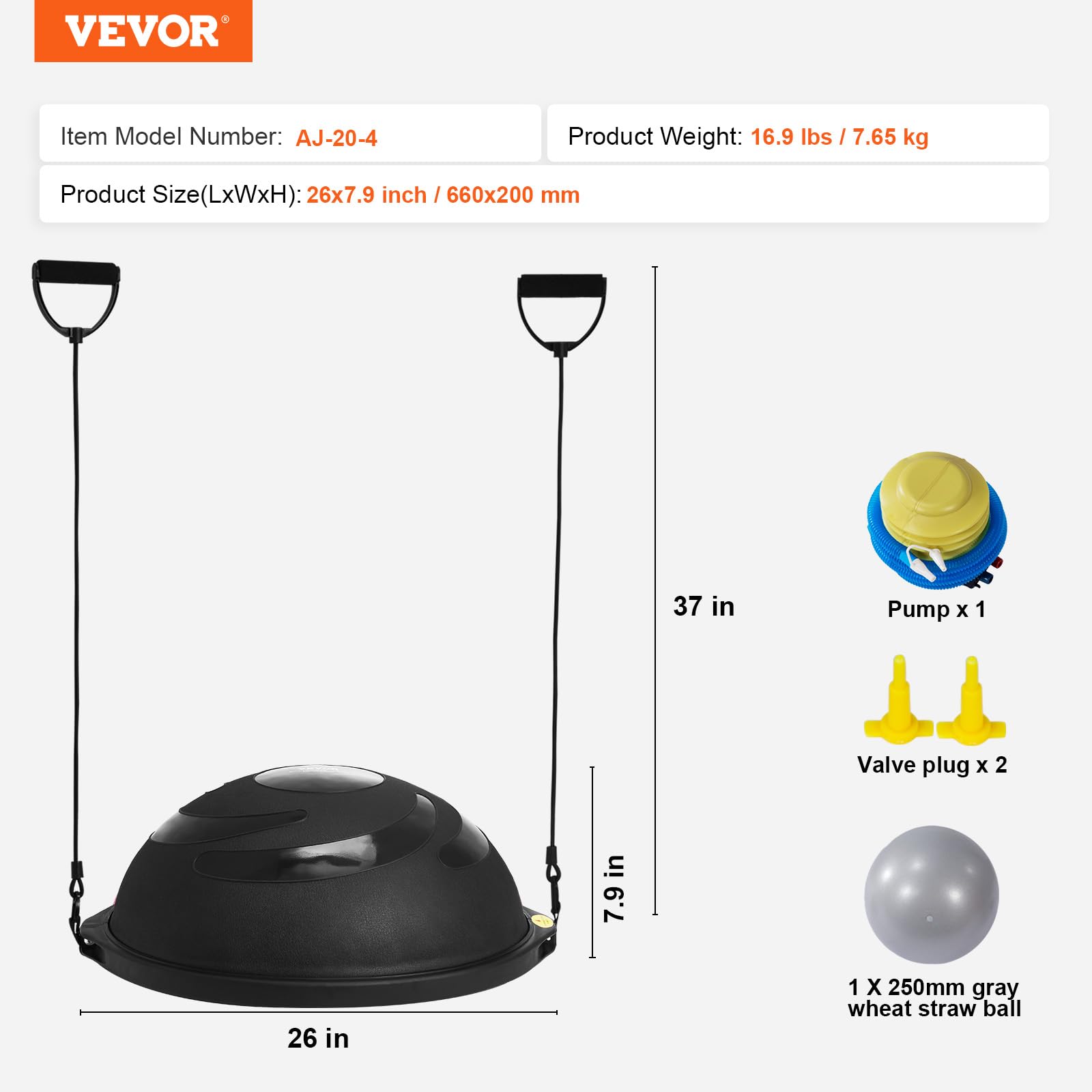 VEVOR 23/26 Inch Half Exercise Ball Trainer - 1500lbs Capacity Stability & Balance Ball with Resistance Bands & Foot Pump - Yoga Fitness Ball for Home Gym, Core Workouts, Pilates, Physical Therapy - Black