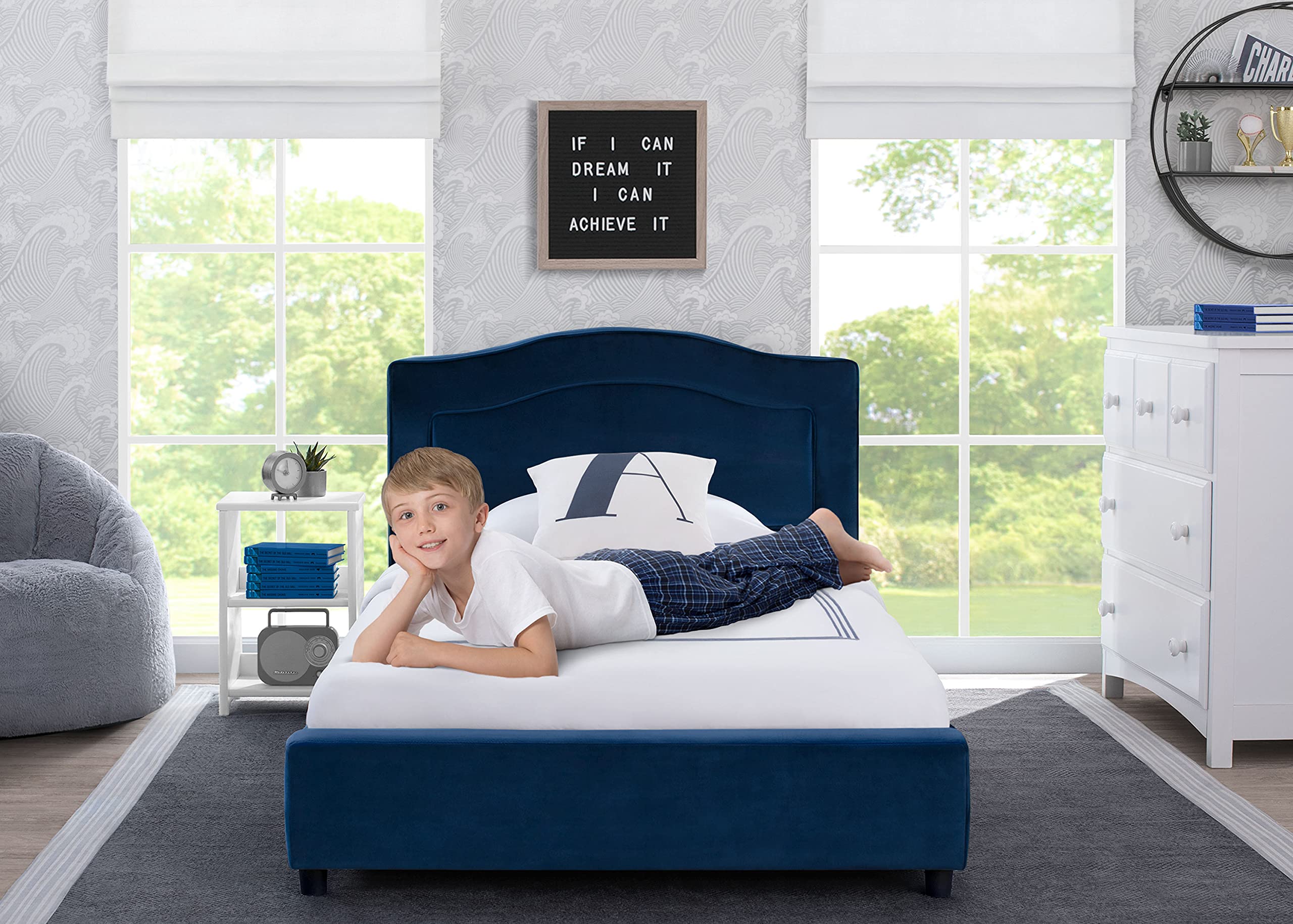 Delta Children Upholstered Twin Bed Frame with Storage, Navy Blue - Perfect for Kids' Bedrooms, Guest Rooms & Small Spaces