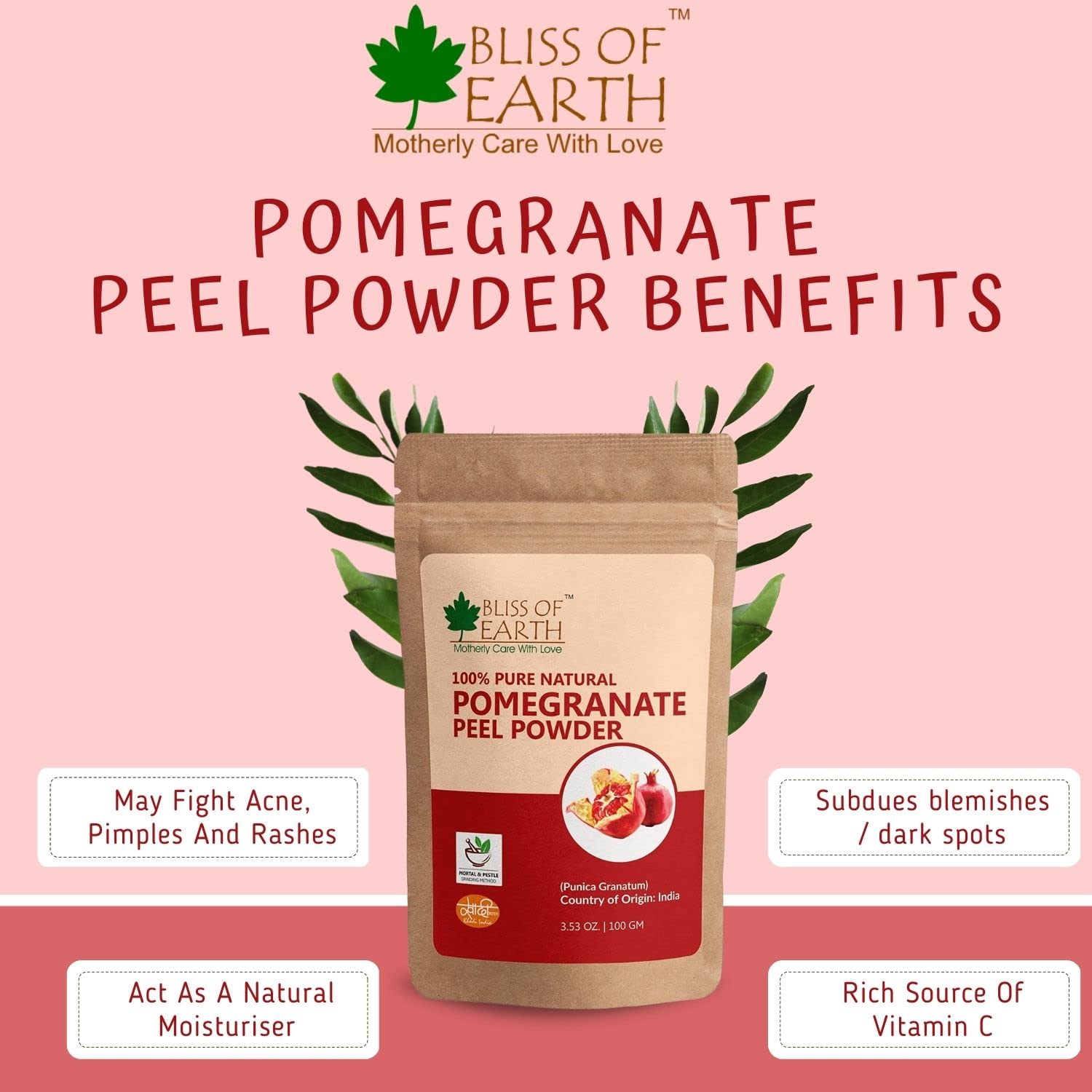 Organic Pomegranate Peel Powder 453GM - Bliss of Earth Herbal Face Mask for Glowing Skin | Natural Skincare & DIY Beauty Recipes