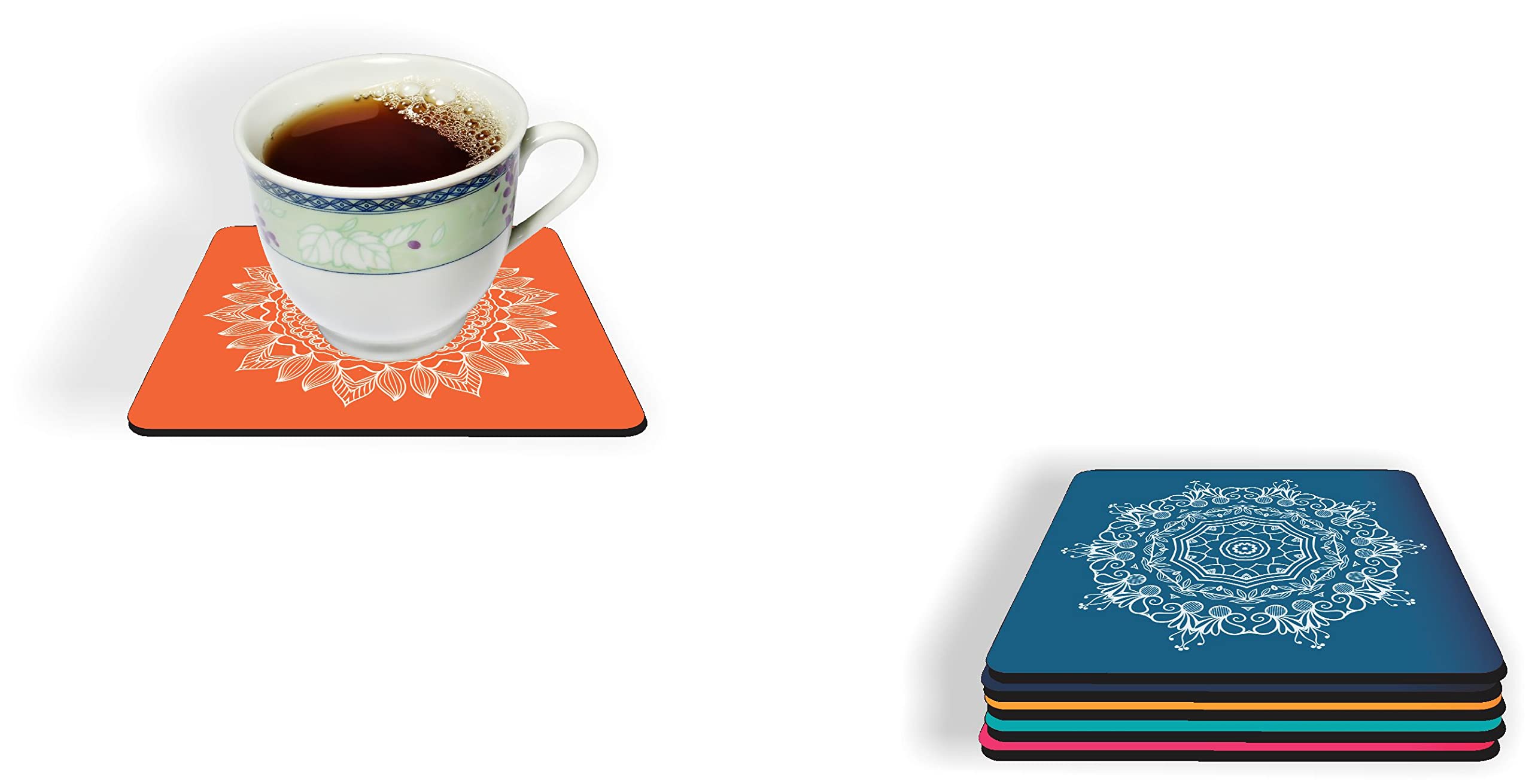 APS Art Plus Store - Set of 6 Mandala Printed Wooden Coasters for Tea, Coffee, Beer & Drinks - 3.2mm Thick MDF Square Coasters (10.16cm) - Perfect for Home, Office, Cafe & Party Decor