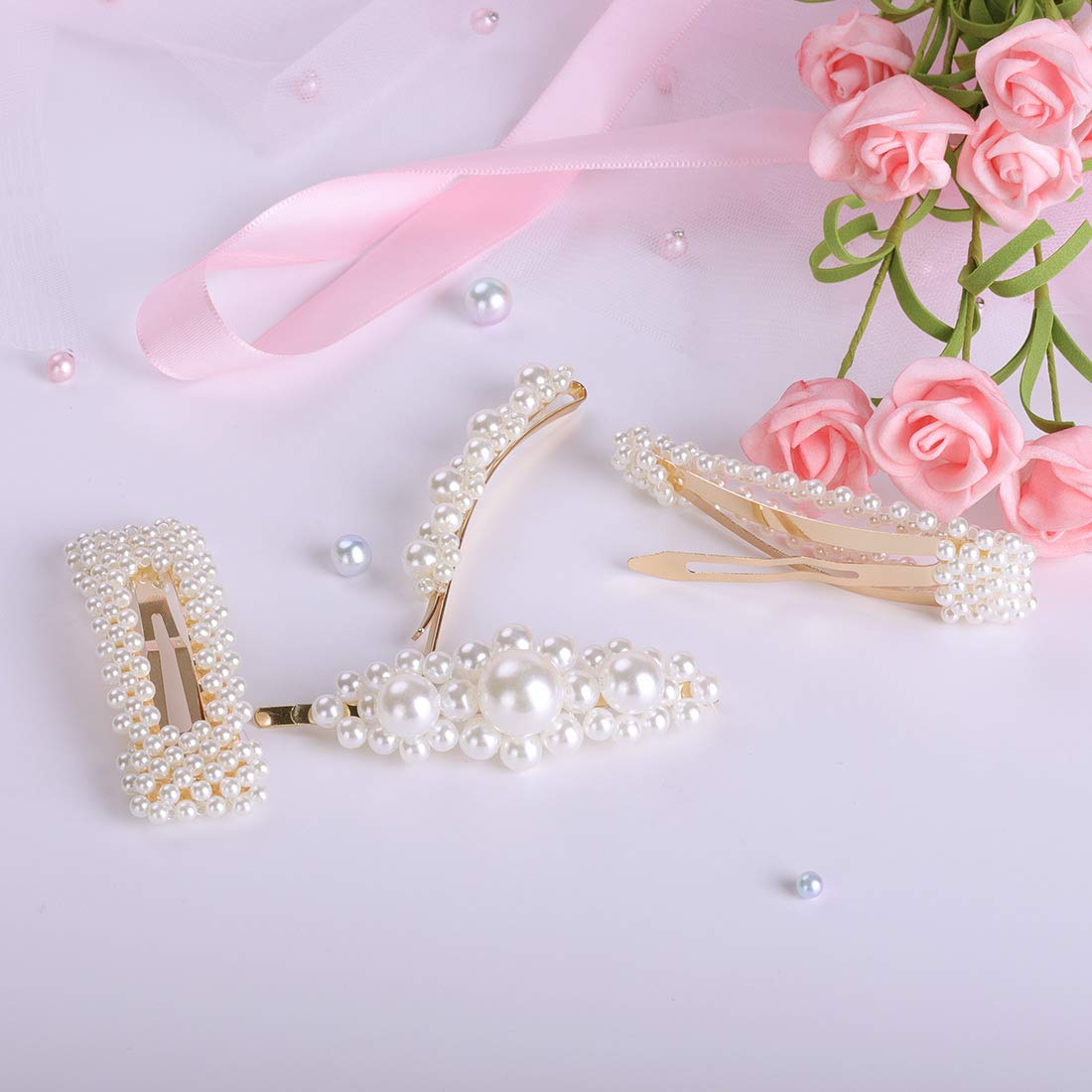 4 Pcs Pearl Hair Clips for Women & Girls - Jamieya Pearls Hair Barrettes & Pins, Elegant Headwear Styling Tools & Hair Accessories for Weddings, Parties & Daily Wear