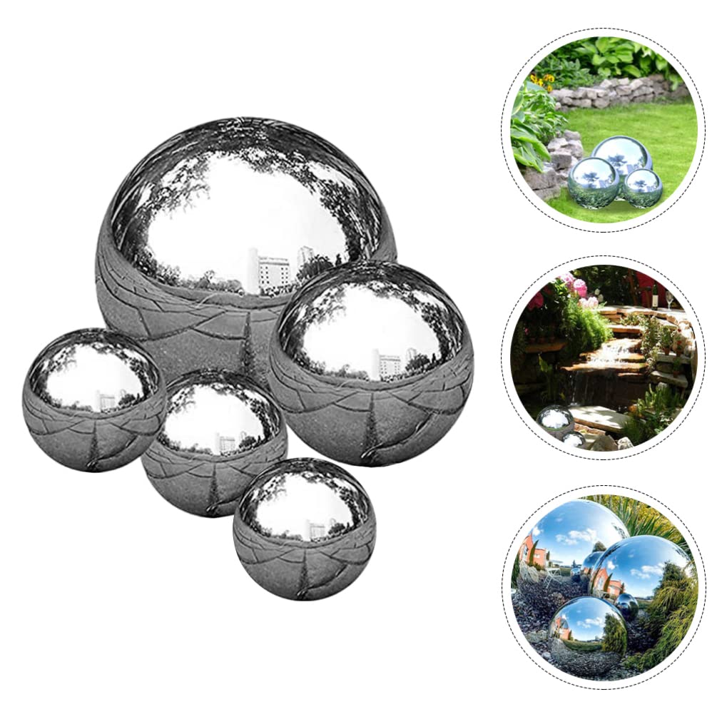 5-Piece Stainless Steel Garden Reflector Hollow Balls - Mirror Polished Outdoor Decor for Lawn, Patio, and Backyard | Gazing Globe Ornaments for Sunlight Reflection & Landscape Design