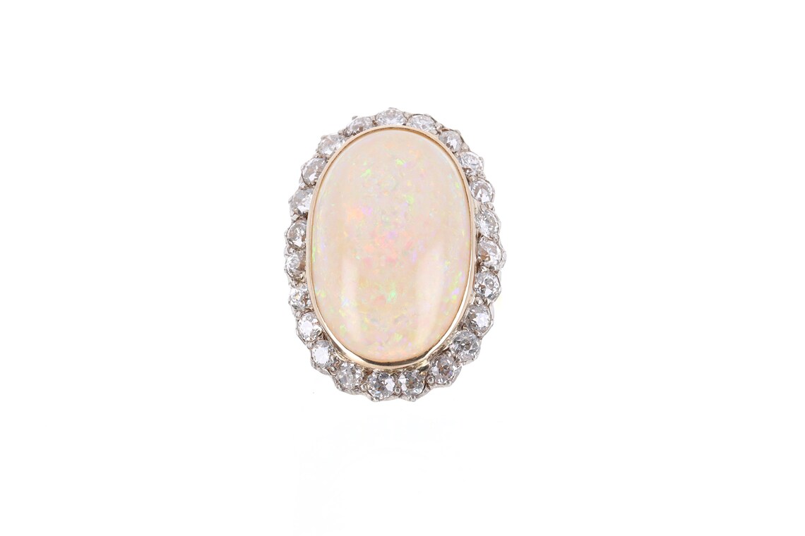 Antique Victorian 14K Gold Opal & OEC Diamond Statement Ring - 21.60tcw Vintage 1900s Jewelry for Weddings, Anniversaries & Special Occasions