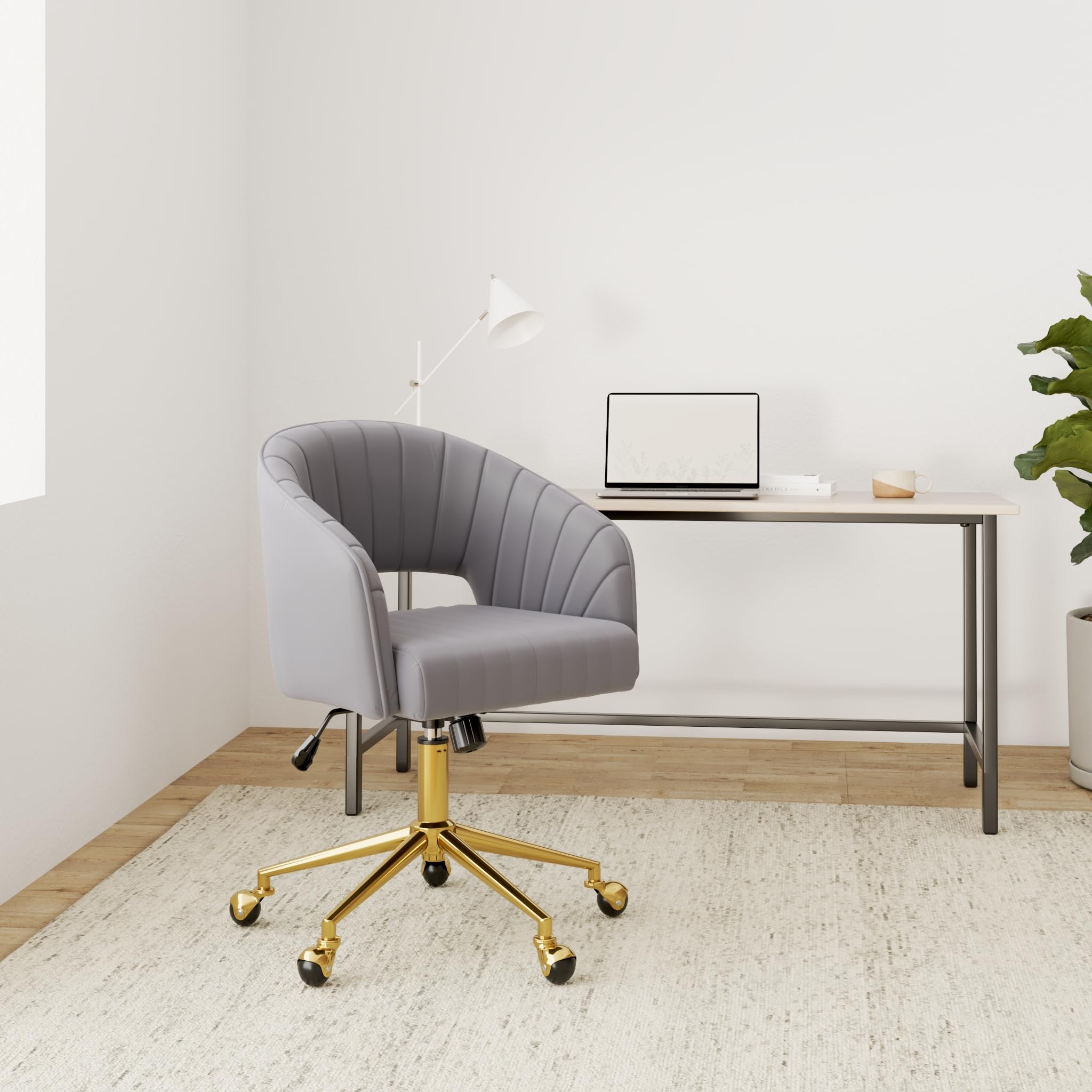 Ergonomic Velvet Swivel Office Chair with Gold Base - Modern Tufted Upholstered Desk Chair for Women, Girls, Home & Study - Comfortable Computer Task Stool for Living Room, Bedroom & Home Office (Light Gray)
