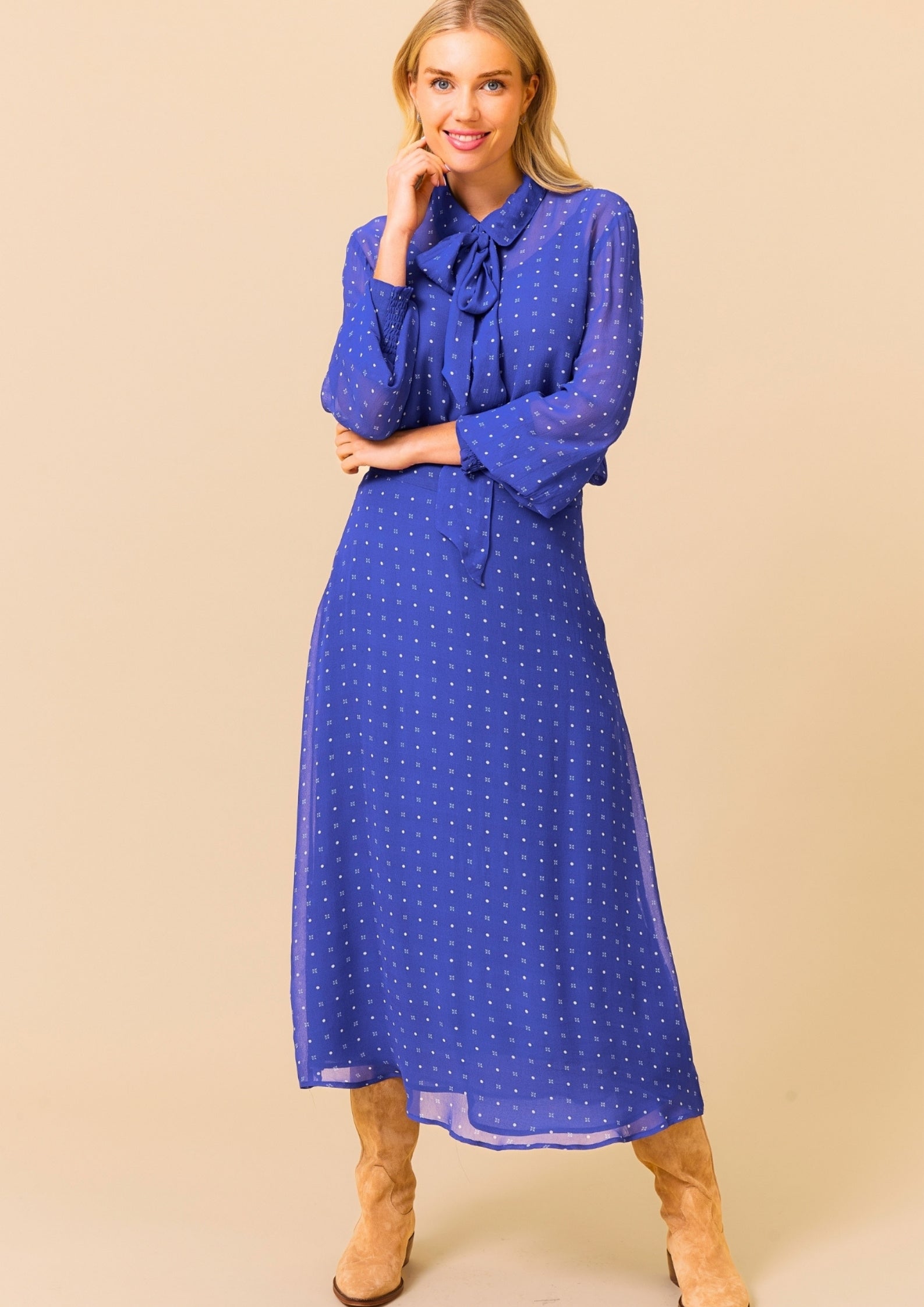Ffion Women's Polka Dot Cobalt & White Blouse - Stylish Casual Shirt for Work, Date Night & Spring Outfits