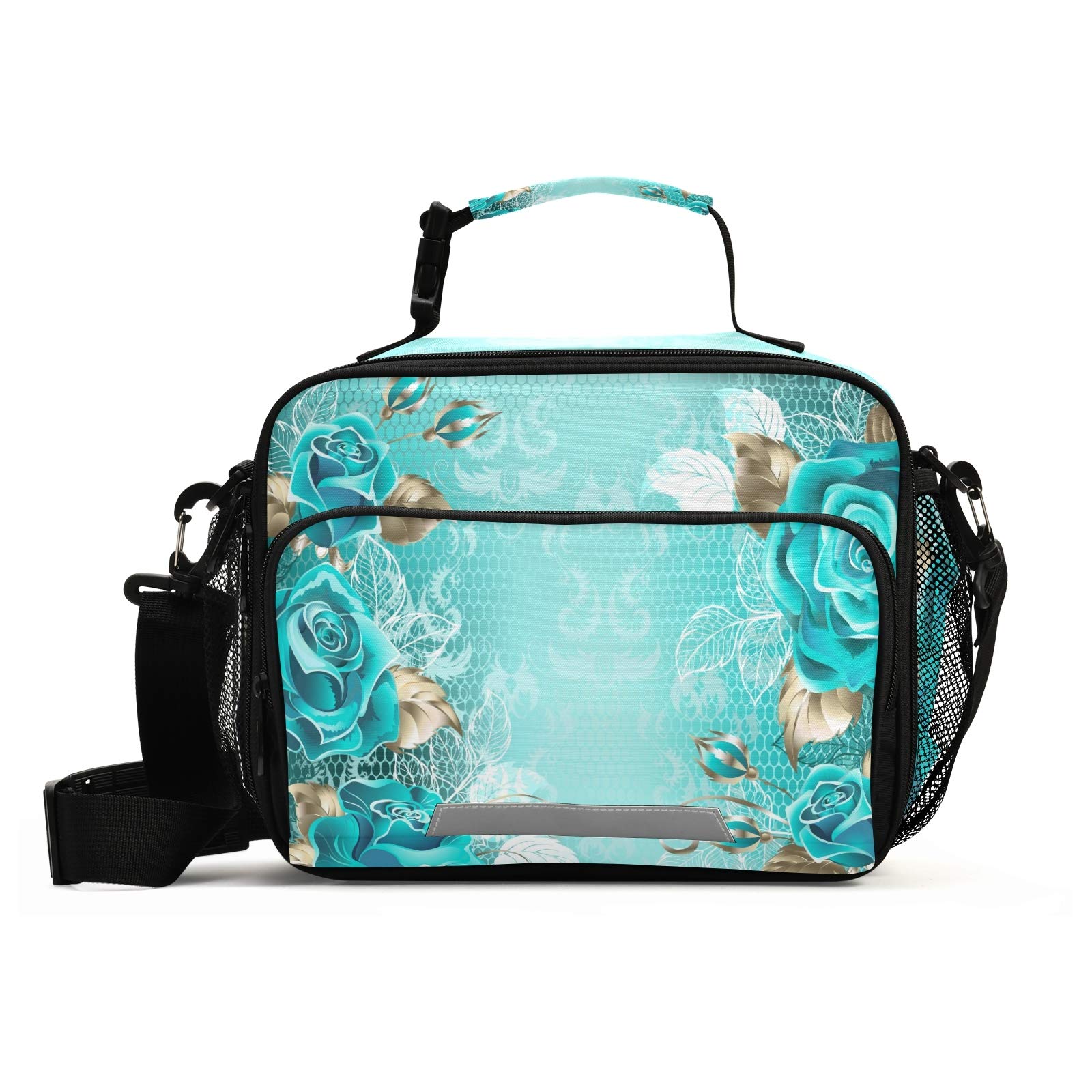 ALAZA Insulated Lunch Bag for Women & Men - Reusable Tote Cooler Bag with Adjustable Shoulder Strap, Elegant Lace Turquoise Roses White Gold Design | Perfect for Work, School, Picnics & Outdoor Activities