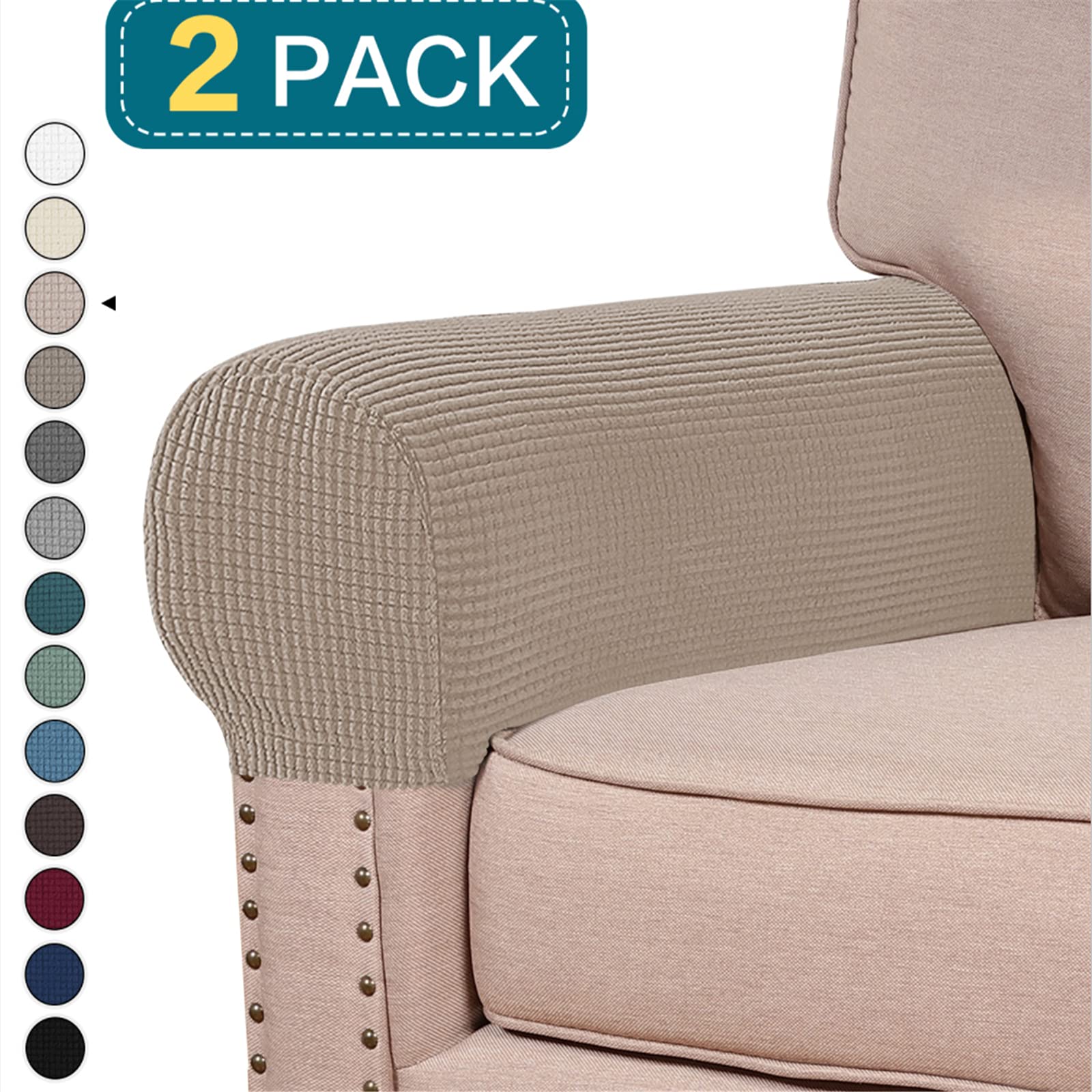 Stretch Armrest Covers - 2pcs Spandex Jacquard Sofa Slipcovers for Chairs, Couches & Recliners (Khaki) | Perfect for Home, Office & Living Room Furniture Protection