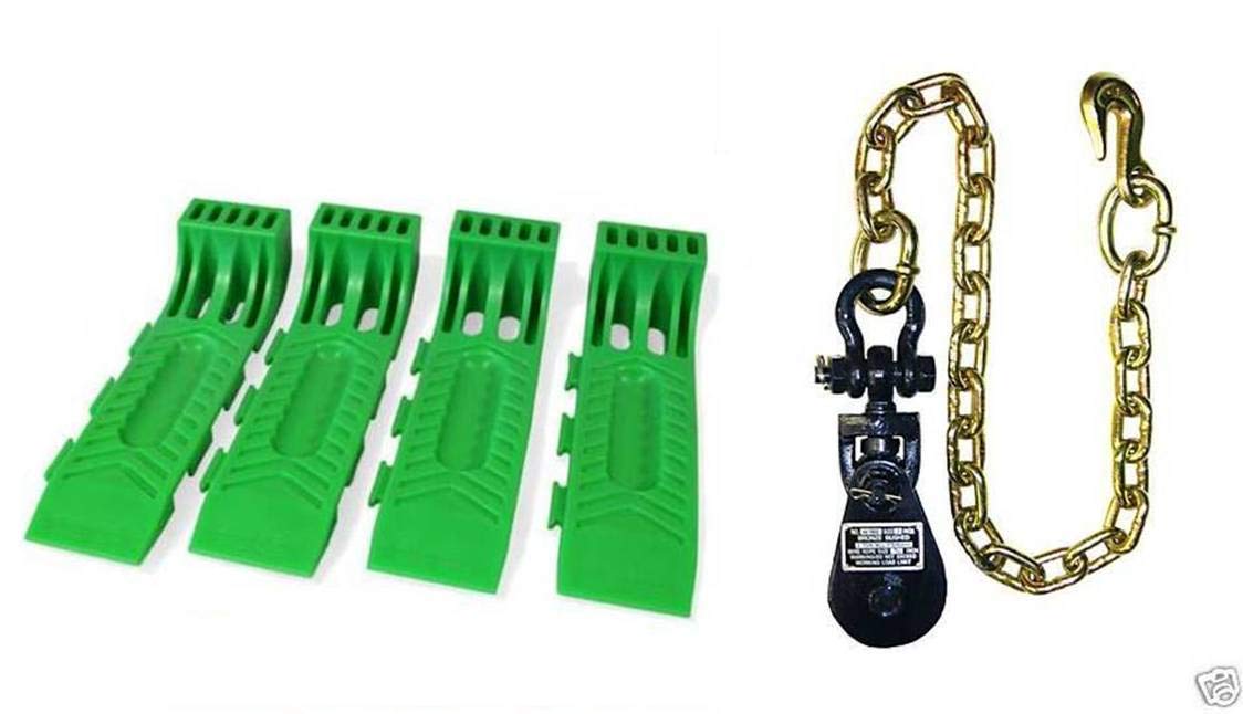 1+1 Green Wreckmaster Tire Slides & 2 Ton Snatch Block with Chain - Heavy Duty Recovery Kit for Rollback Trucks, Car Haulers & Carriers - Off-Road Vehicle Recovery, Towing & Emergency Rescue Scenarios
