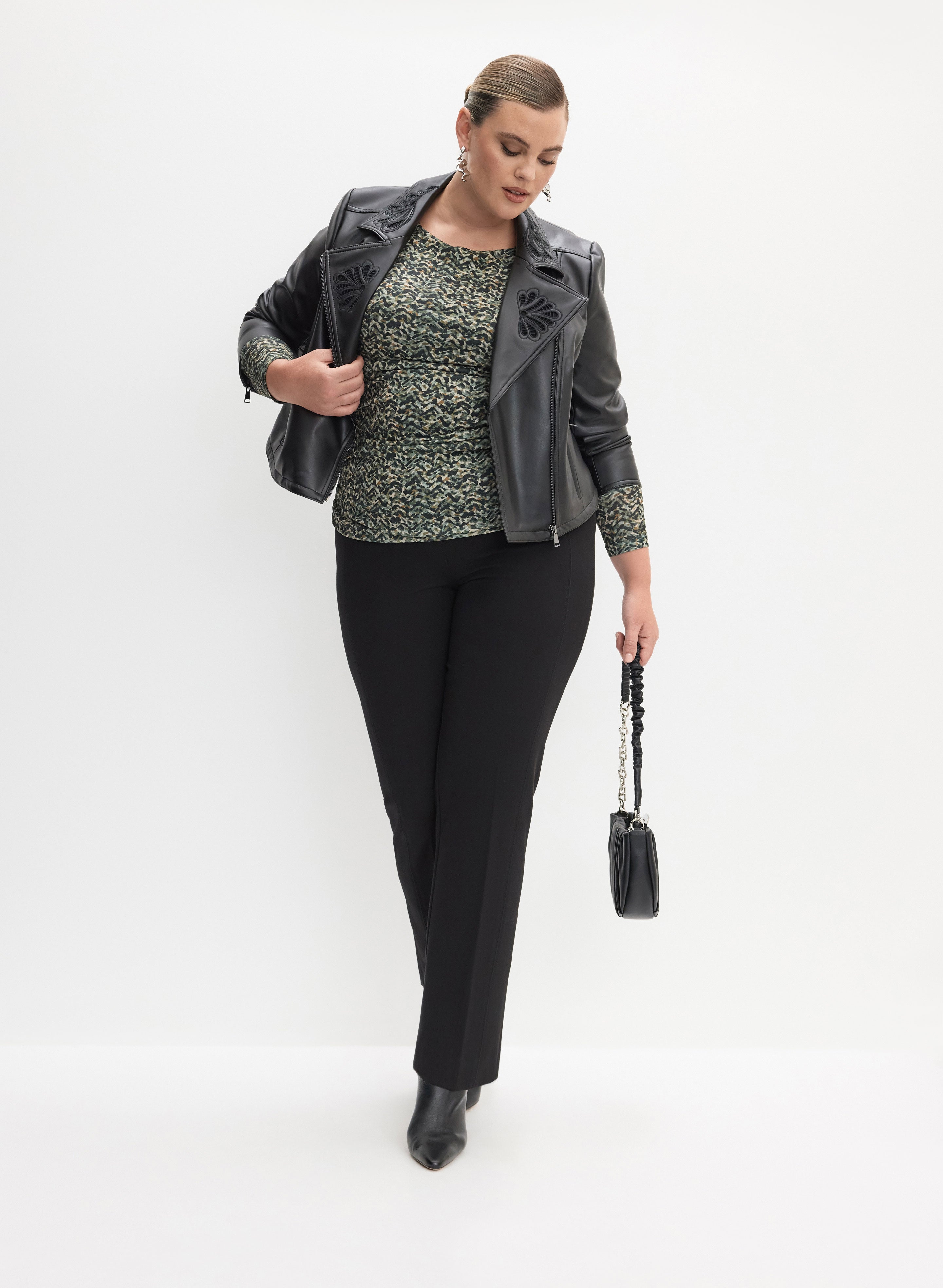 Vegan Leather Jacket with Embroidery & Straight Leg Pull-On Pants - Stylish Outfit for Women's Casual Wear, Office, and Night Out