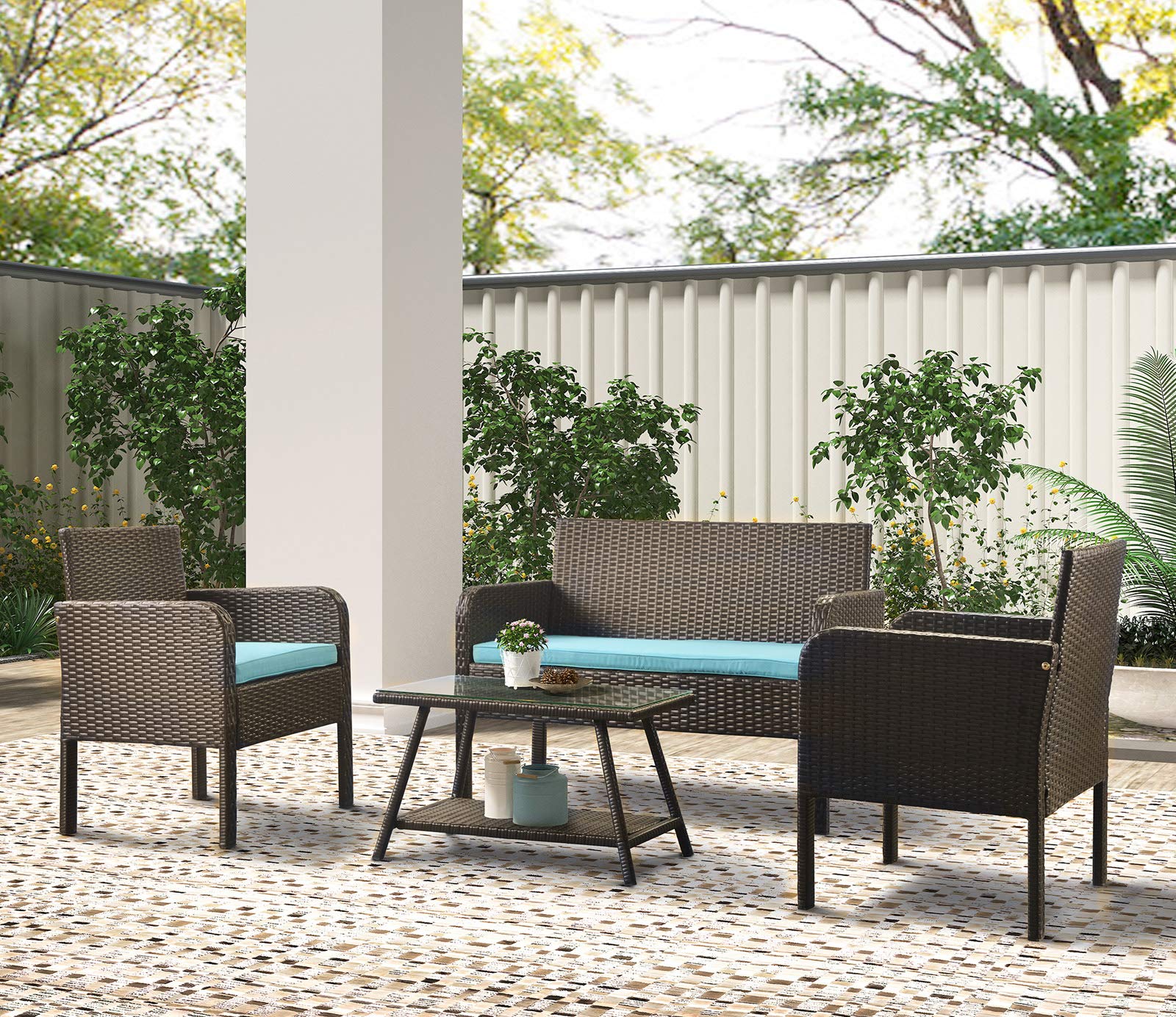 4-Piece Rattan Sofa Set with Cushions - Outdoor Wicker Patio Furniture, Blue - Perfect for Garden, Poolside & Backyard Relaxation