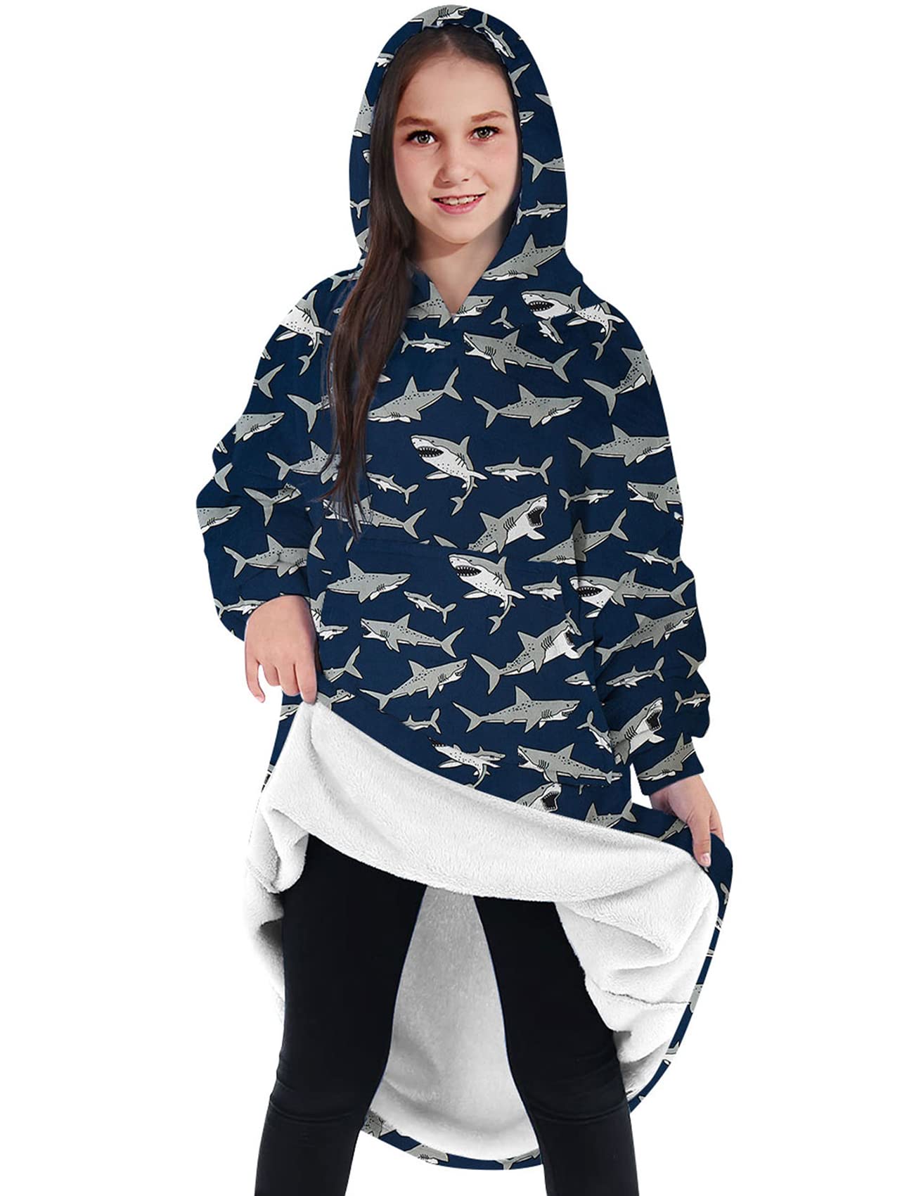 **Kids Shark Hooded Blanket - Navy Blue Fleece Sweater Blanket with Hood for Boys & Girls | Cozy Wearable Blanket for TV Time, Camping & Sleepovers**