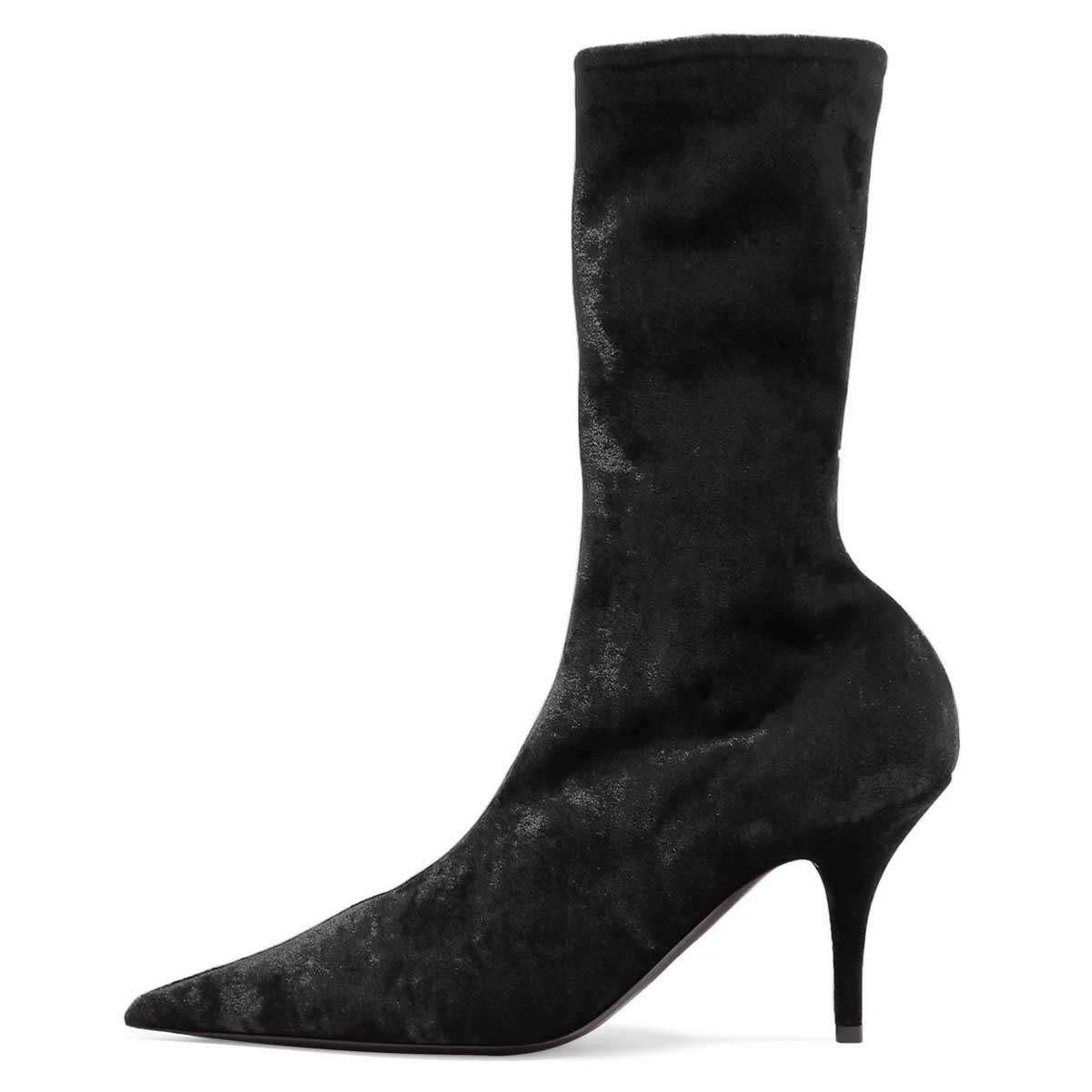 FSJ Women's Pointed Toe High Heel Mid Calf Velvet Sock Boots - Stylish Winter Fashion Booties for Women, Perfect for Parties, Dating & Office Wear