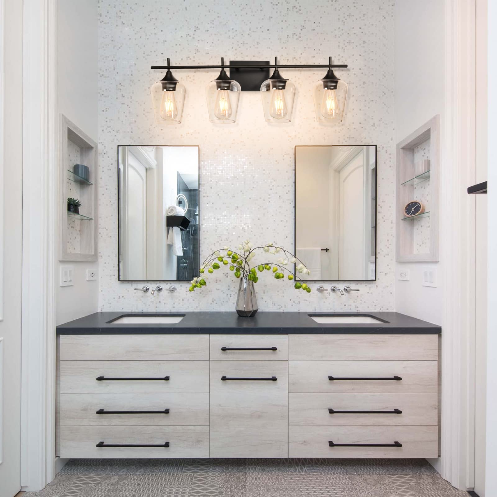 Modern Black Bathroom Vanity Light Fixture - 4-Light Wall Sconce with Clear Glass Shade for Bathroom, Living Room, Bedroom, Stairs, Gallery & Restaurant | Perfect for Home Decor, Hotel Lighting and Commercial Spaces