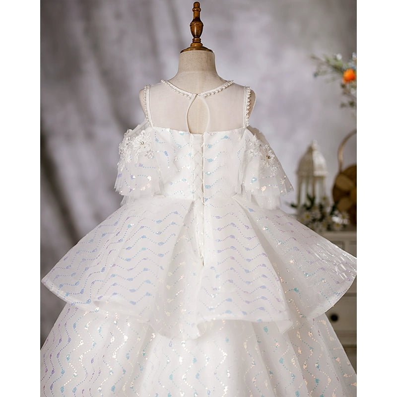 Elegant White Organza Flower Girl Dress with Jewel Neckline - Perfect for Weddings, Pageants & Special Occasions