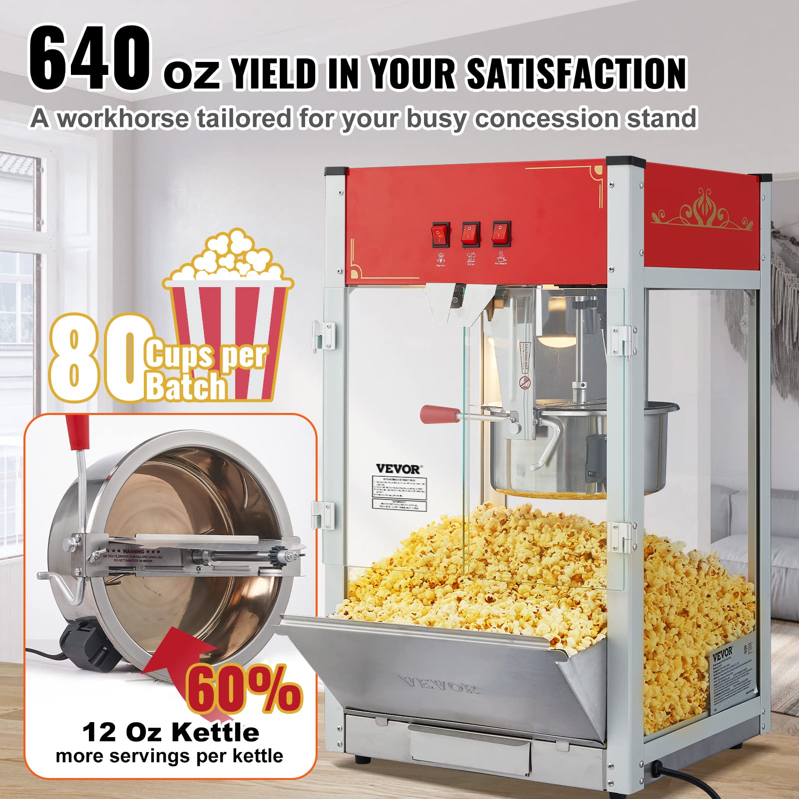 VEVOR 12 Oz Commercial Popcorn Machine - 1440W Theater Style Popper with 3-Switch Control, Steel Frame & Tempered Glass - Makes 80 Cups per Batch (Includes Scoop & 2 Spoons, Red) - Perfect for Movie Theaters, Carnivals, and Home Entertainment