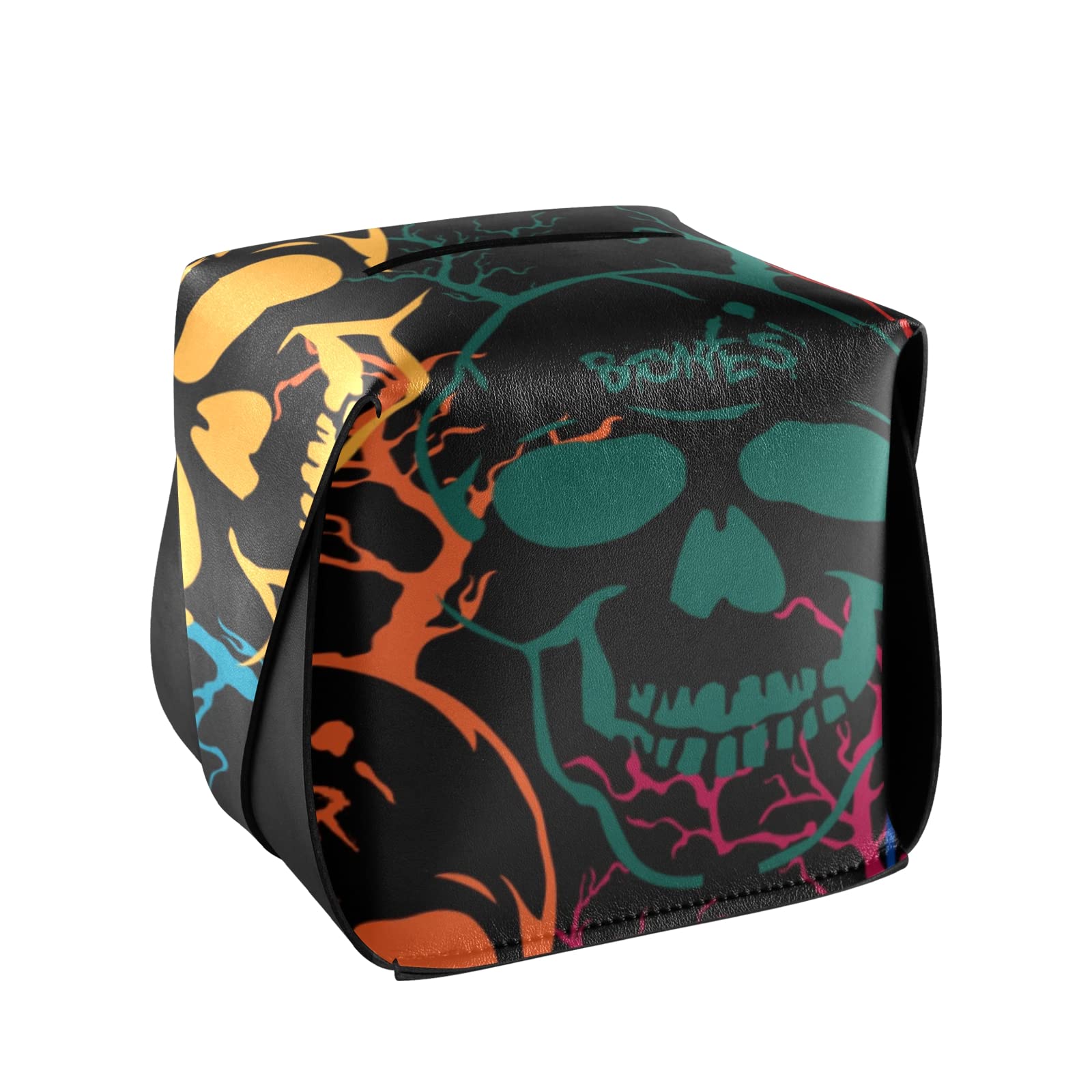 Halloween Skulls & Ghosts Leather Tissue Box Cover - 5.7x5.7x5.7in Square Bathroom & Home Decor for Vanity, Nightstand, Office Desk, Car - Black Pattern with Handle | Spooky Holiday Decor, Party Supplies & Gothic Home Accessories